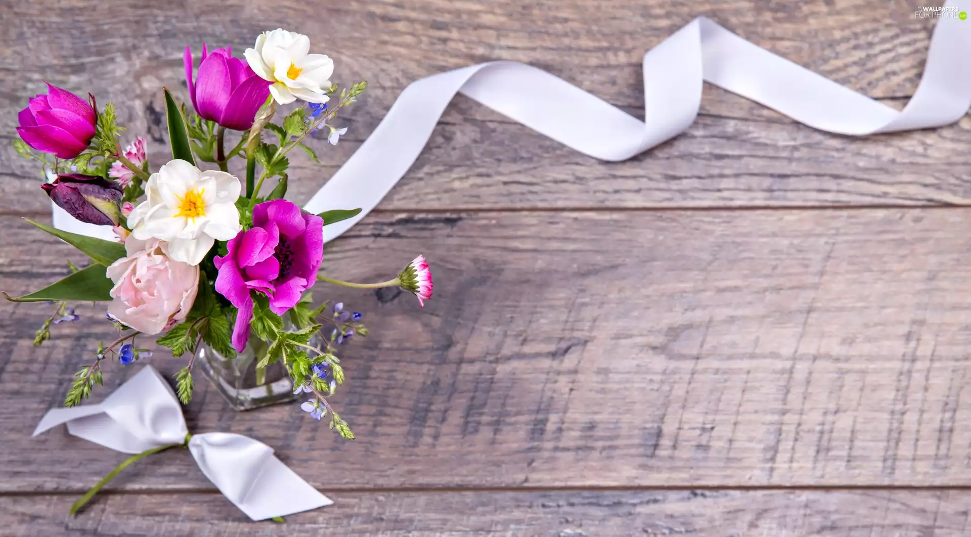 ribbon, decoration, vase, small bunch, Flowers
