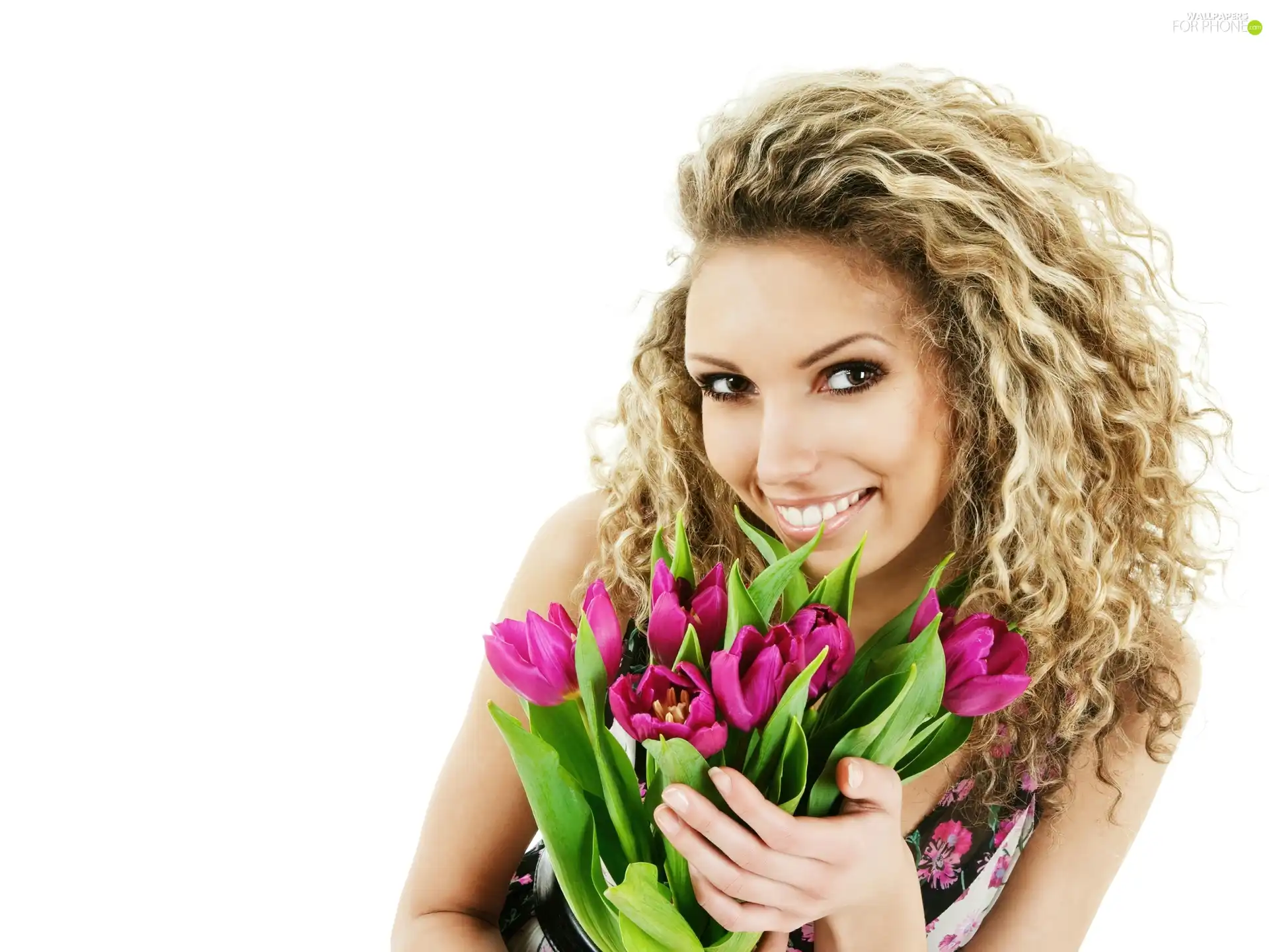 Blonde, tulips, Smile, bouquet