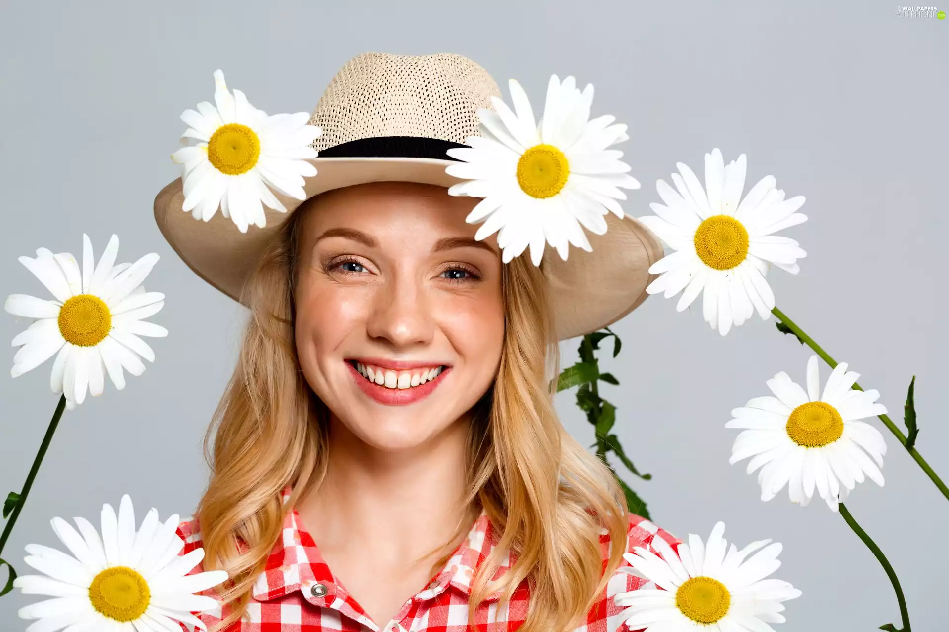 Hat, Blonde, Flowers, Smile, Women, Blouse, daisy