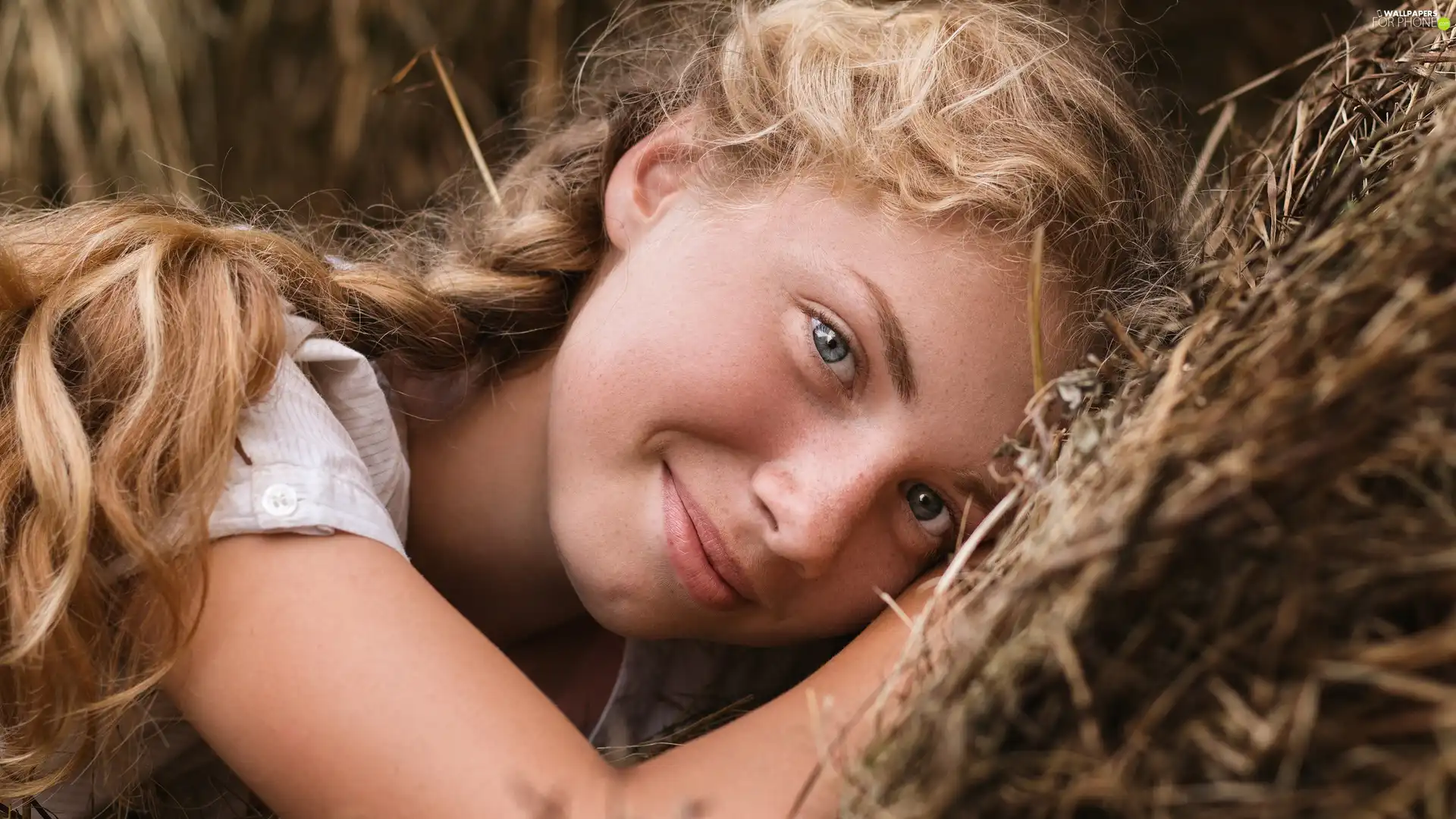 freckles, Smile, Women, pigtail, Blonde