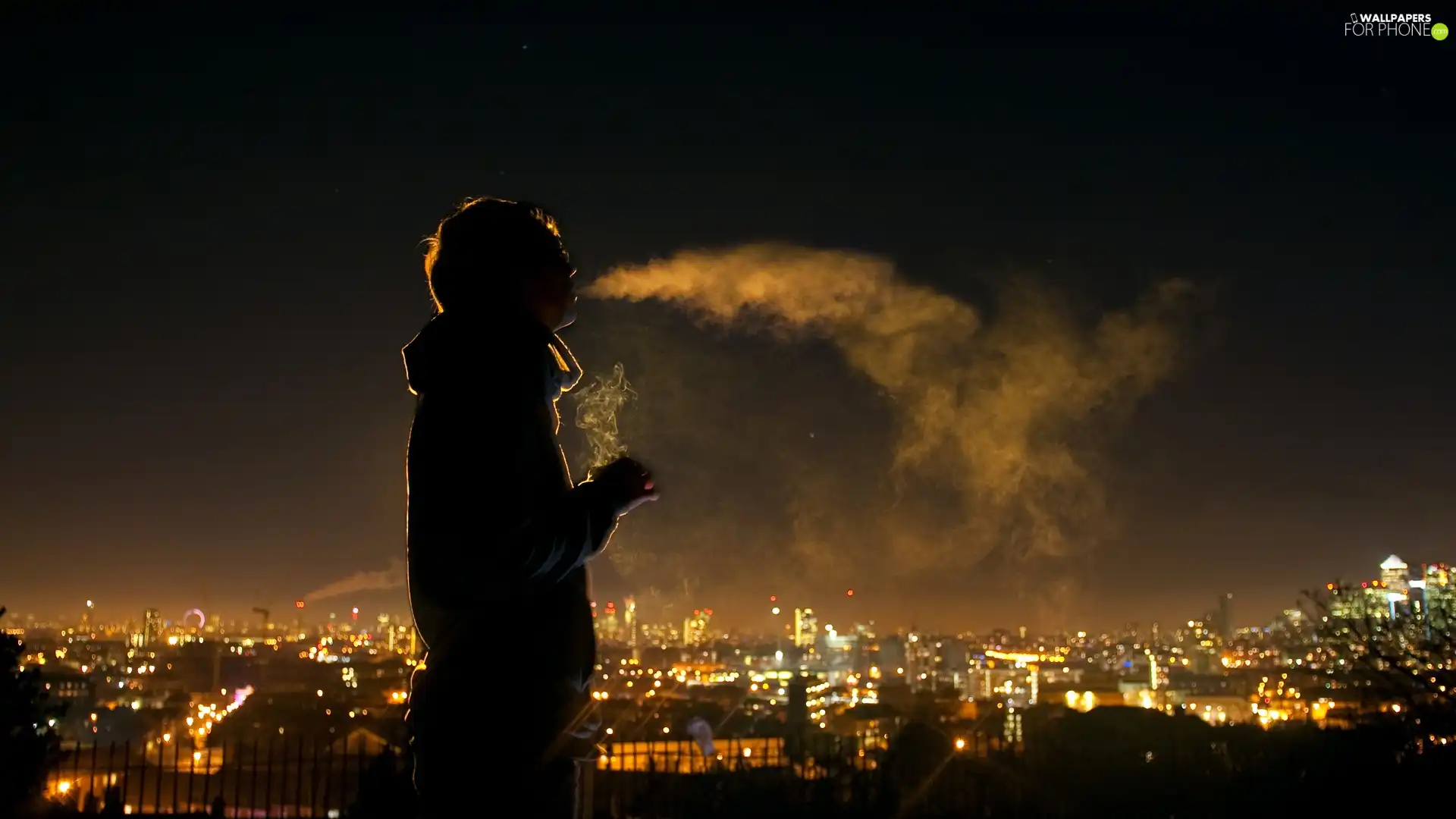 smoke, Cigarette, Town, Night, a man