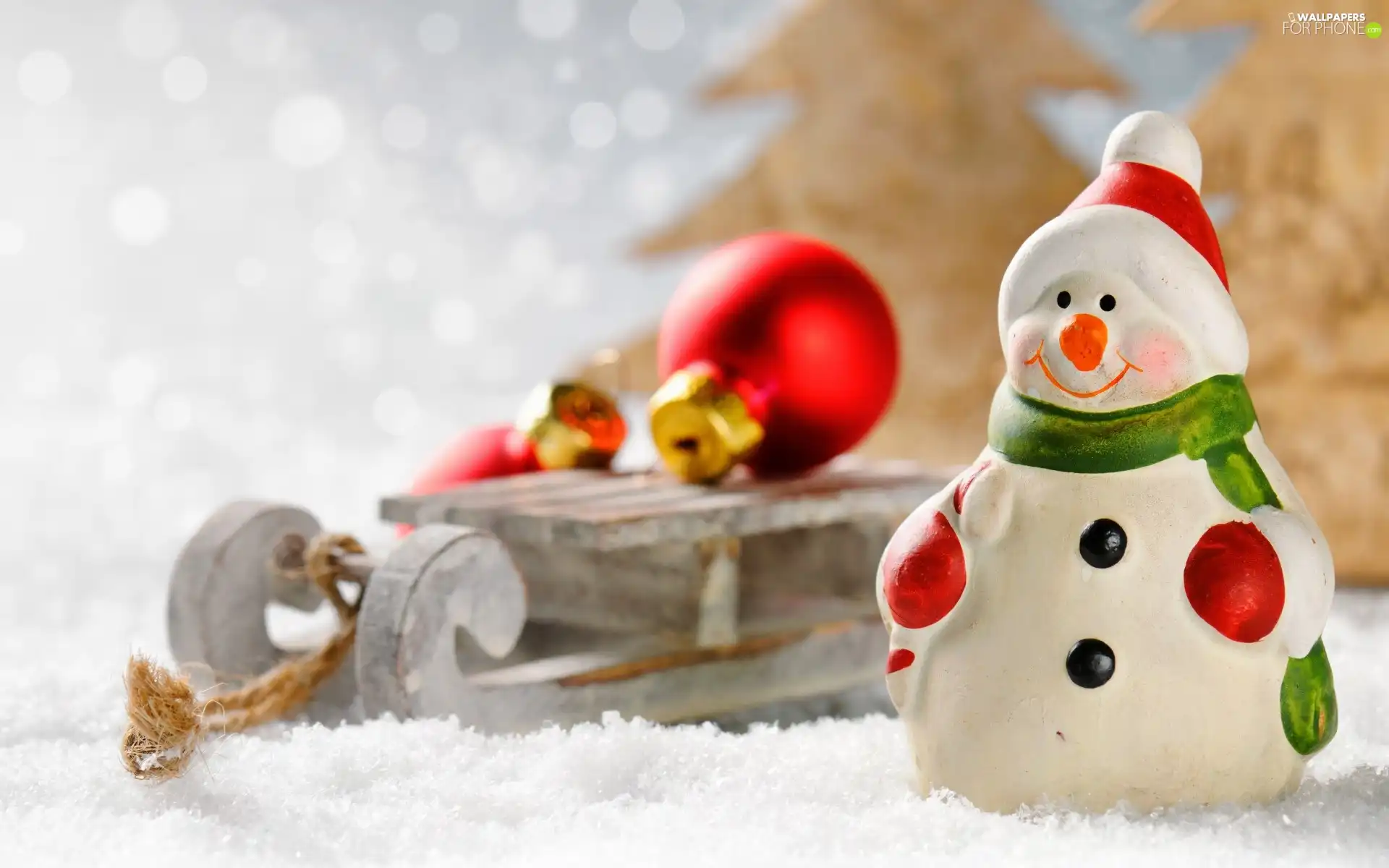 snow, baubles, Snowman, sledge, Christmas