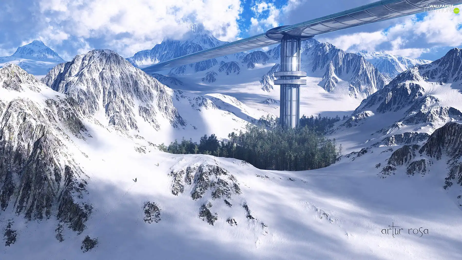 snow, bridge, Mountains, winter, fantasy