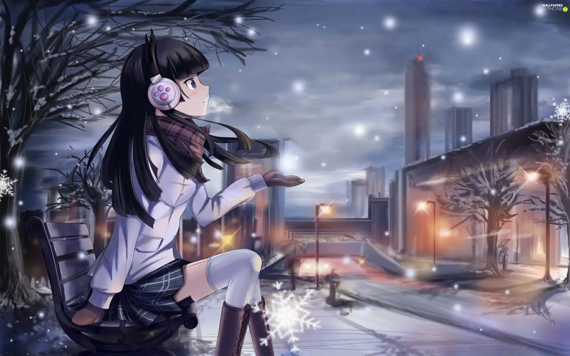 snow, girl, buildings