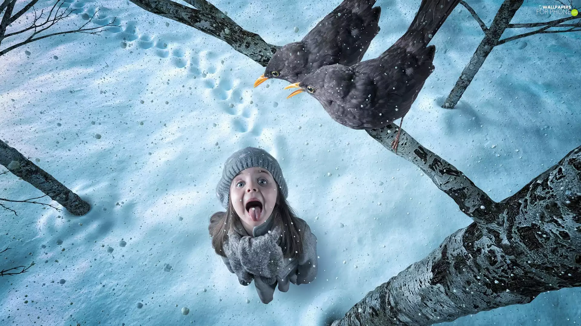 branch, birds, winter, snow, girl, knife