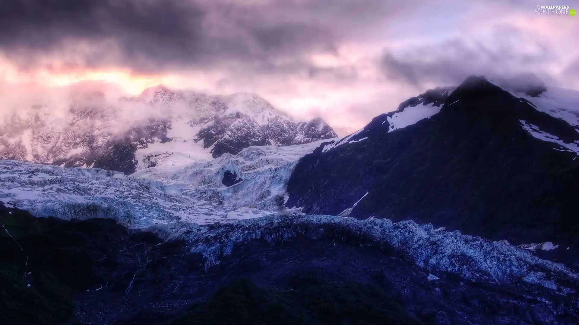 snow, rocks, dark, clouds, Mountains