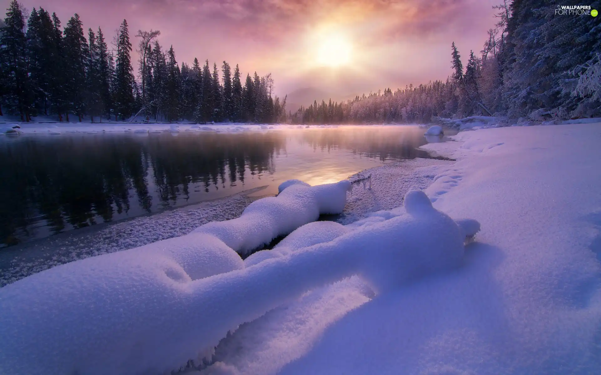 River, trees, Sunrise, viewes, morning, forest, winter, snow