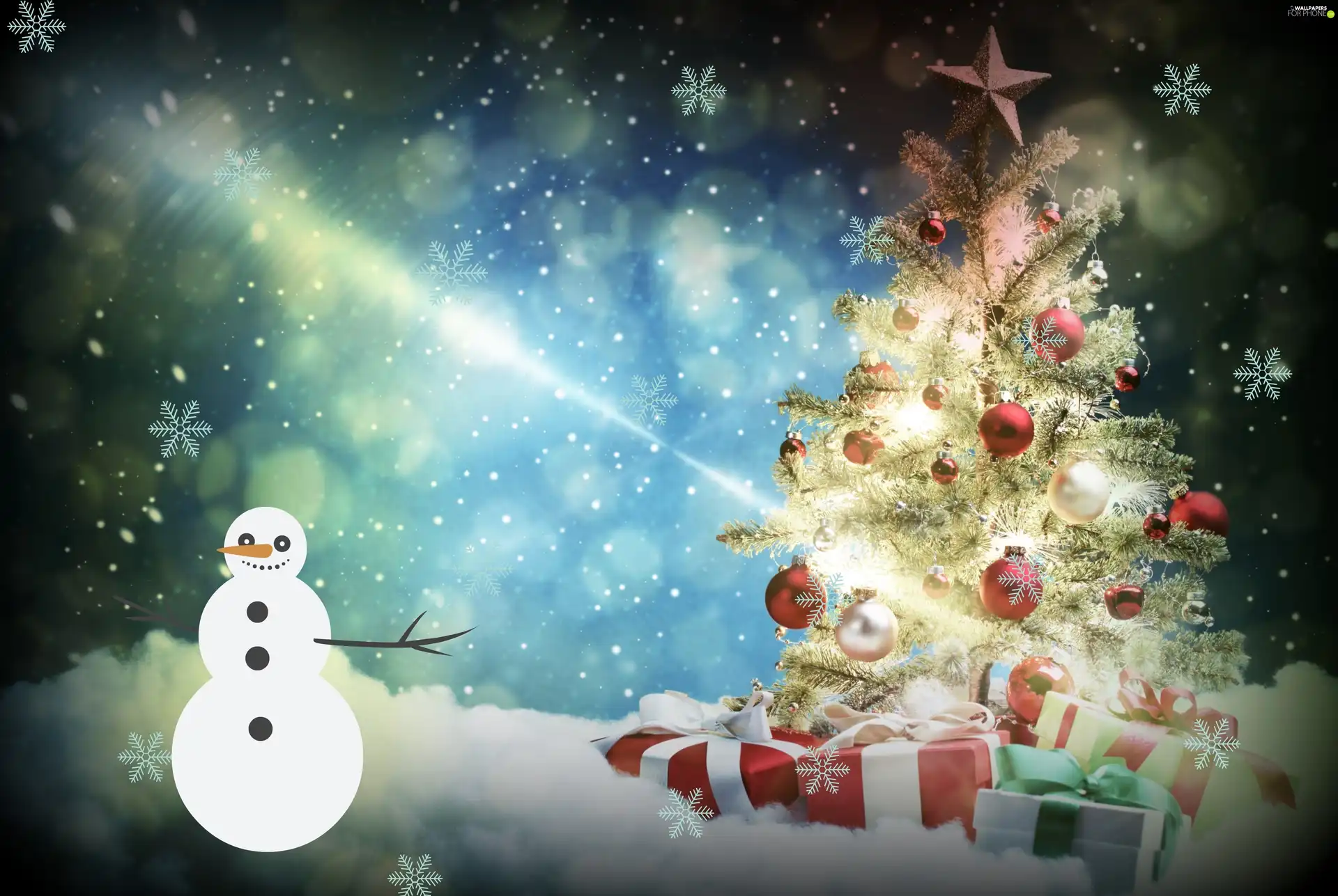 christmas tree, gifts, snow, Snowman