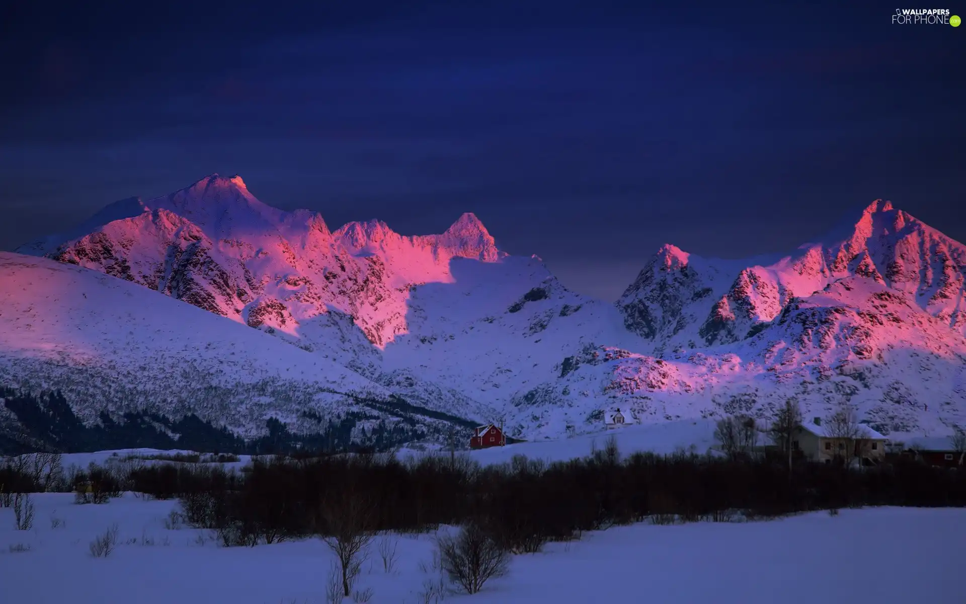 snow, Mountains, twilight