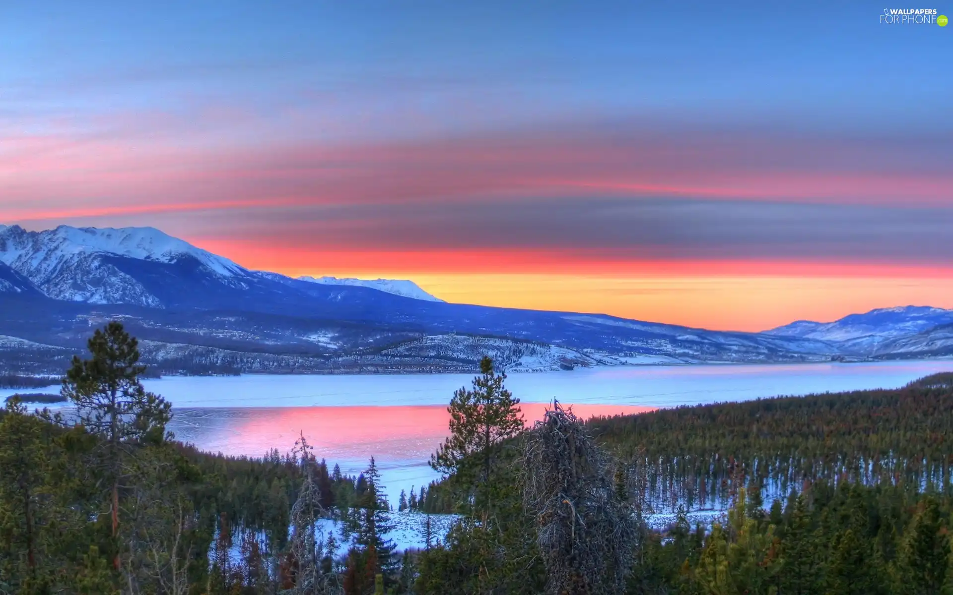 Mountains, sun, trees, lake, west, snow, viewes