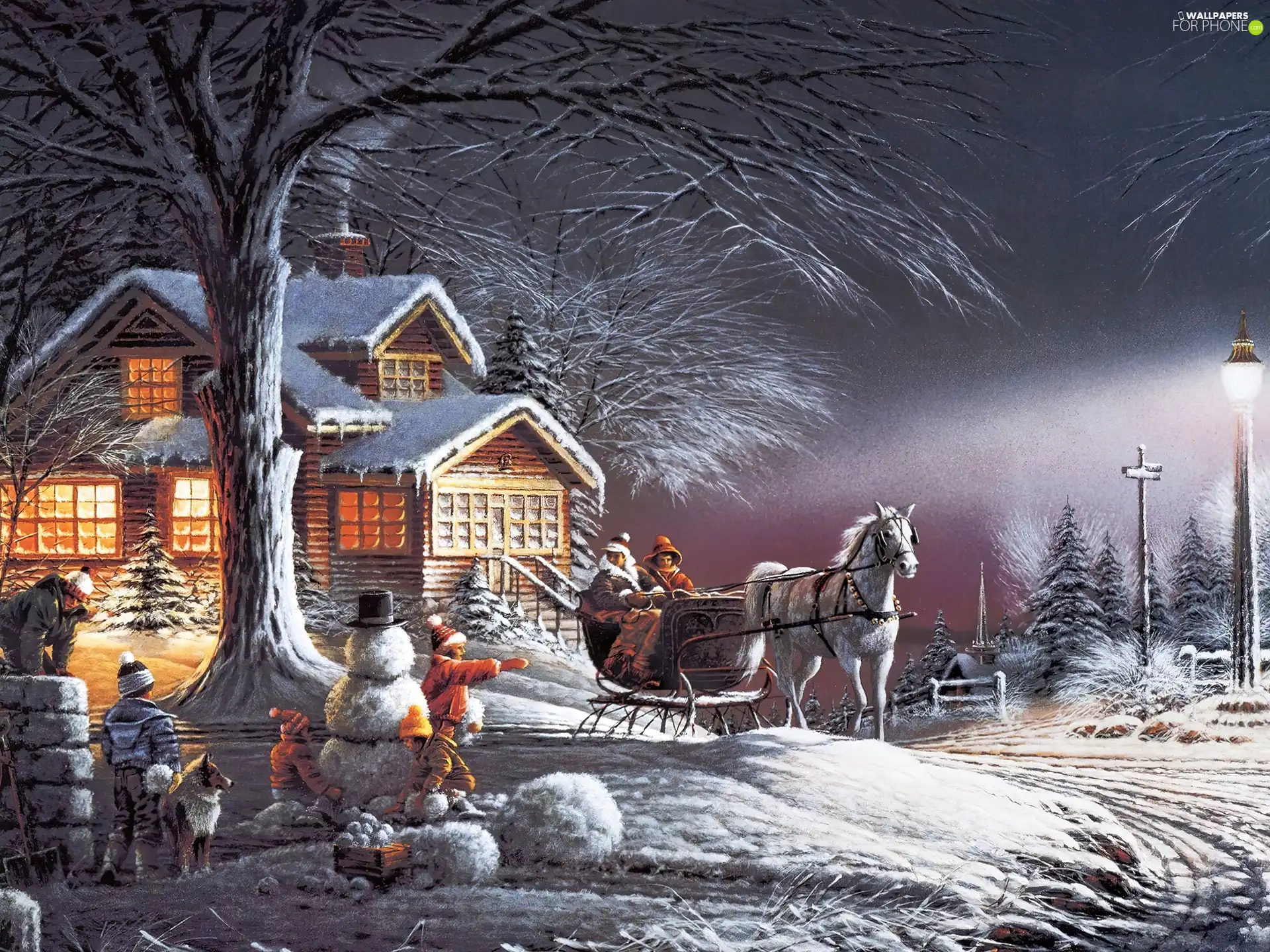 Snowman, winter, Kids, sleigh, house