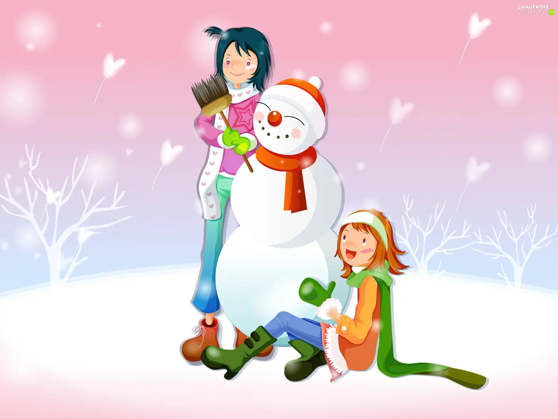 winter, snow, Snowman, Kids