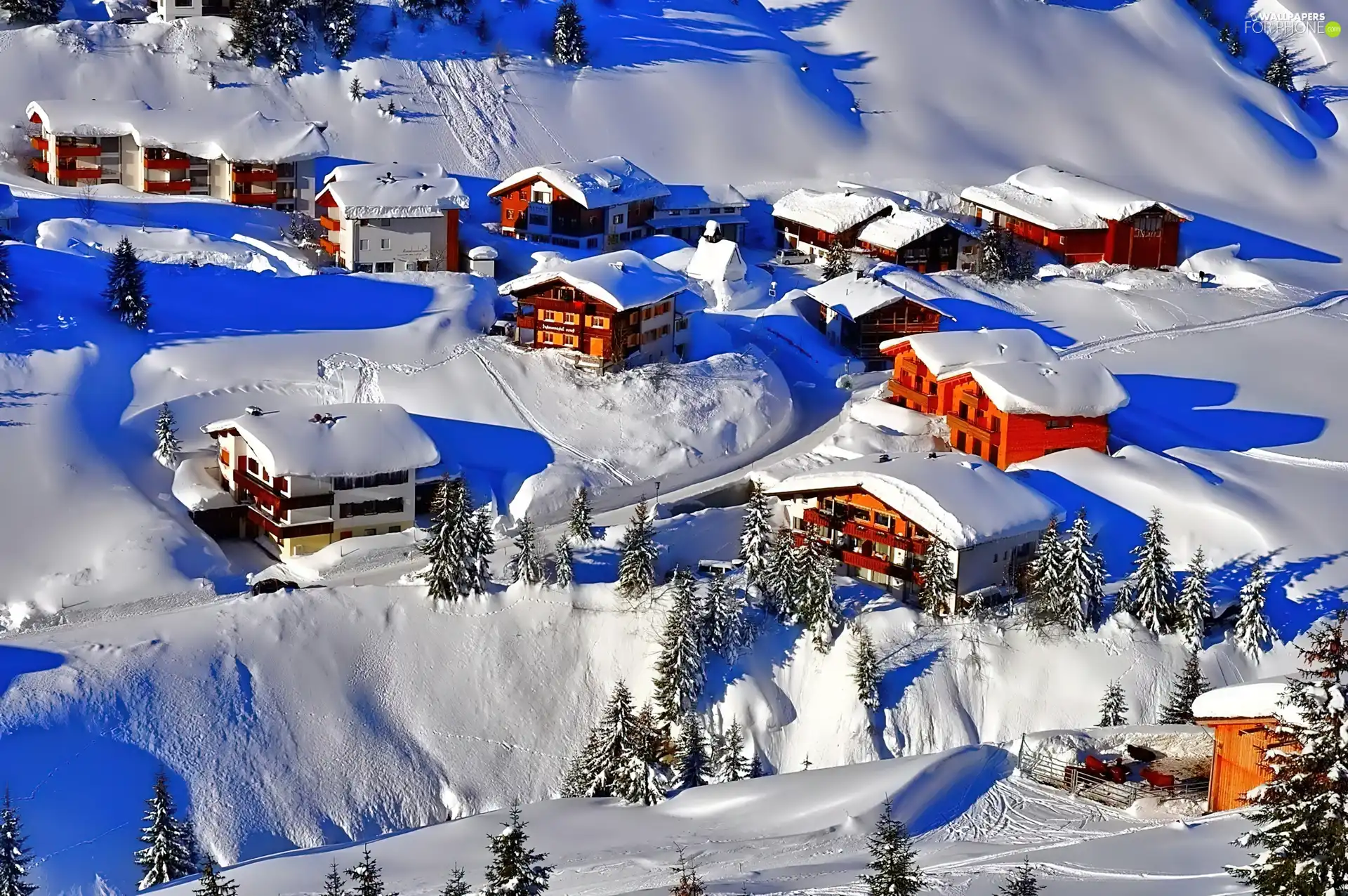 Snowy, Houses, Mountains, Valley, winter