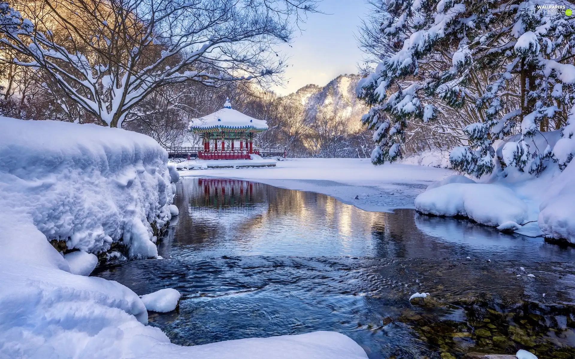 arbour, winter, viewes, Snowy, trees, River