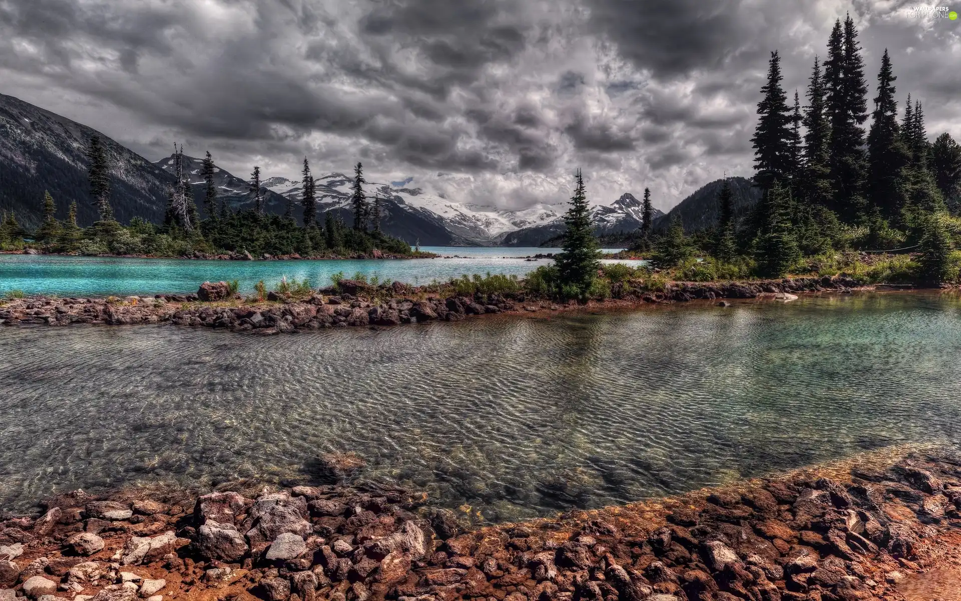 Softwood, Stones, Mountains, woods, River