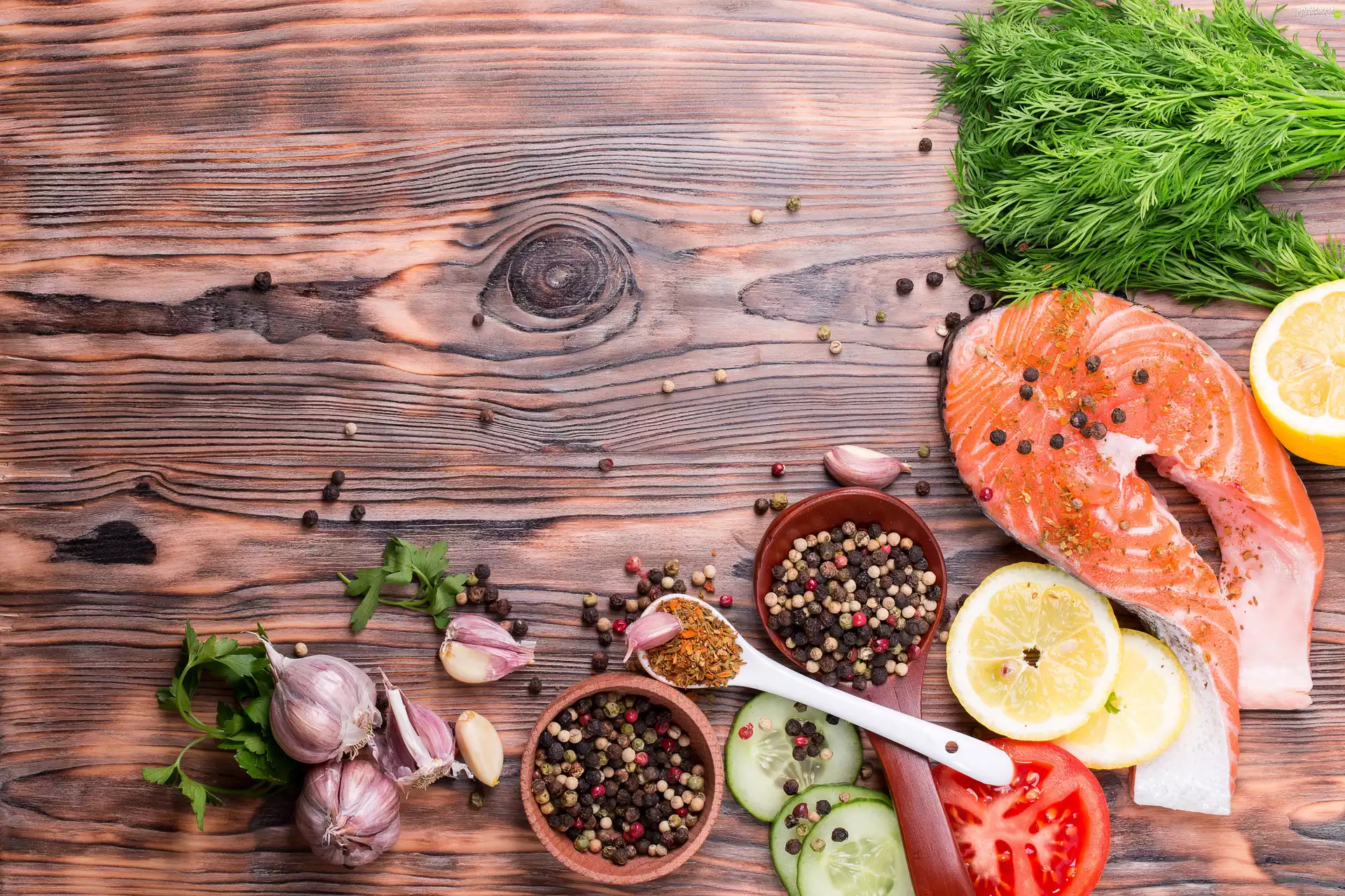 pepper, salmon, Dill, spice, fish, garlic, vegetables