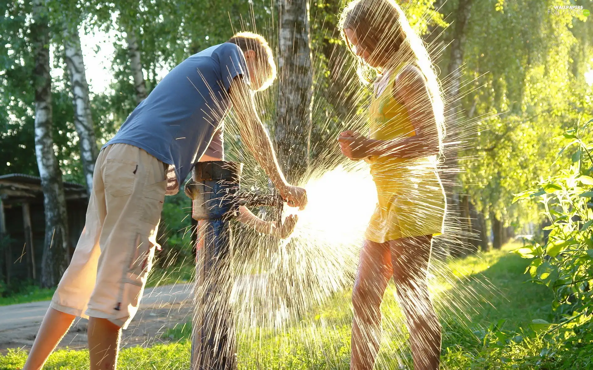 spouting, water, boy, Pump, girl