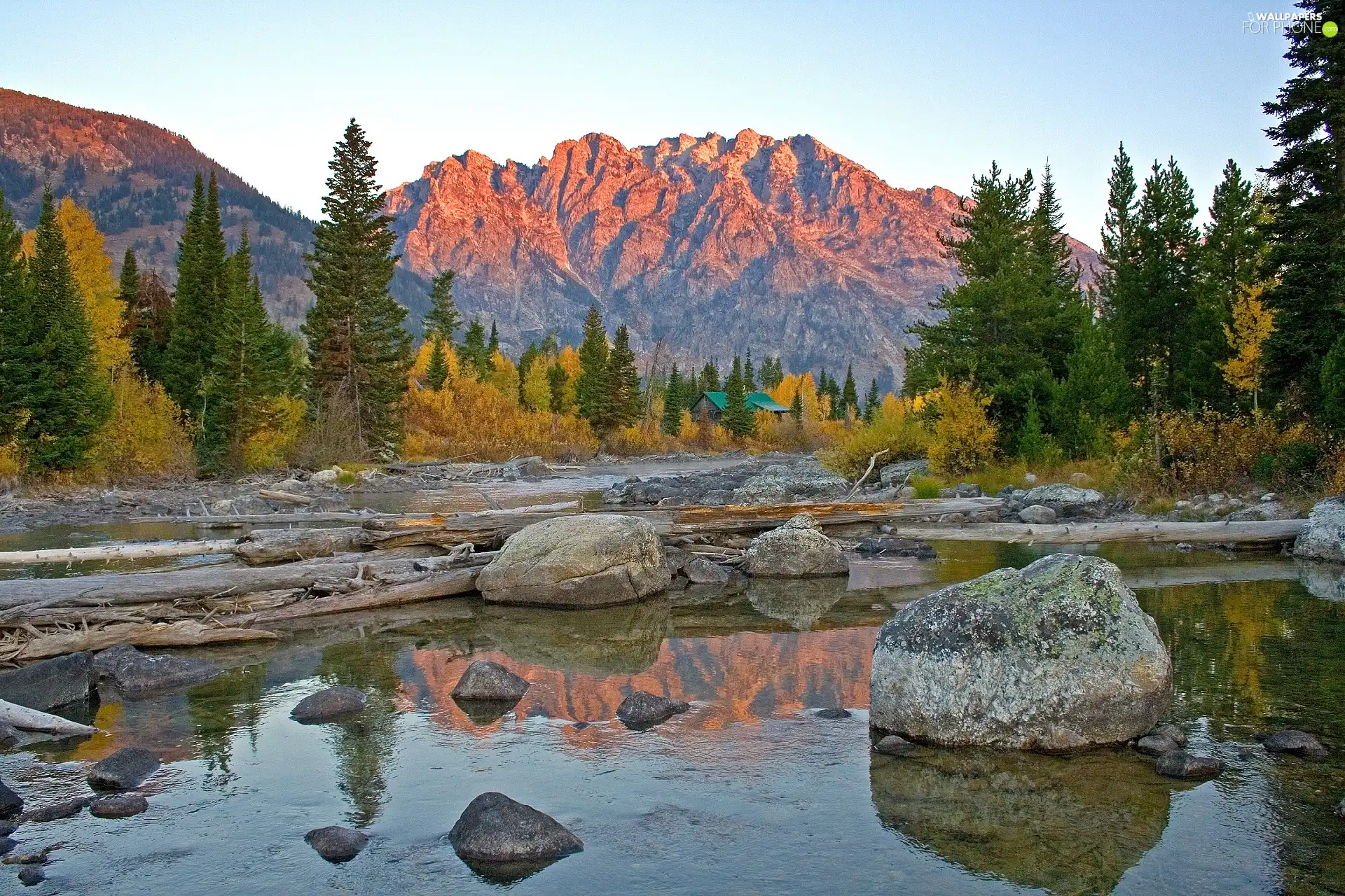 Mountains, Stones, Spruces, River
