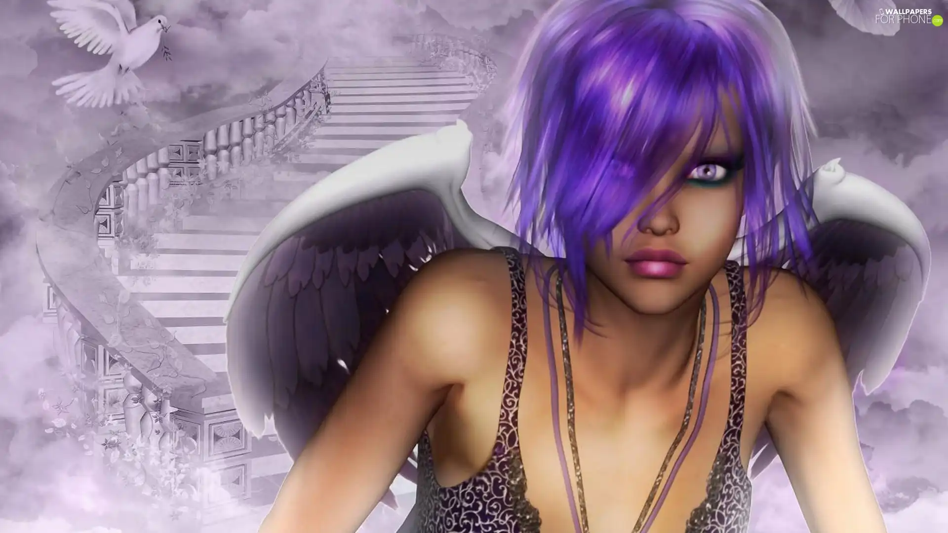 angel, Hair, Stairs, purple