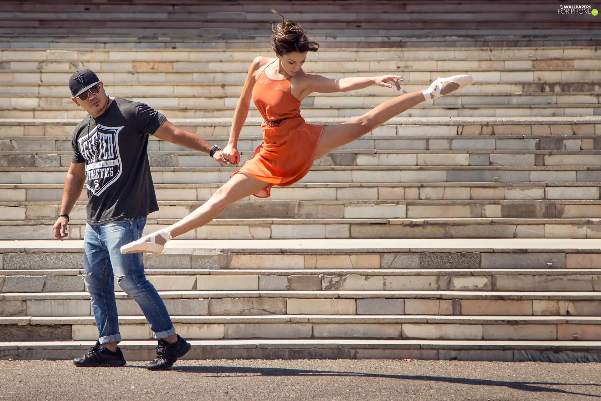 Stairs, dance, Ballet, a man, Women