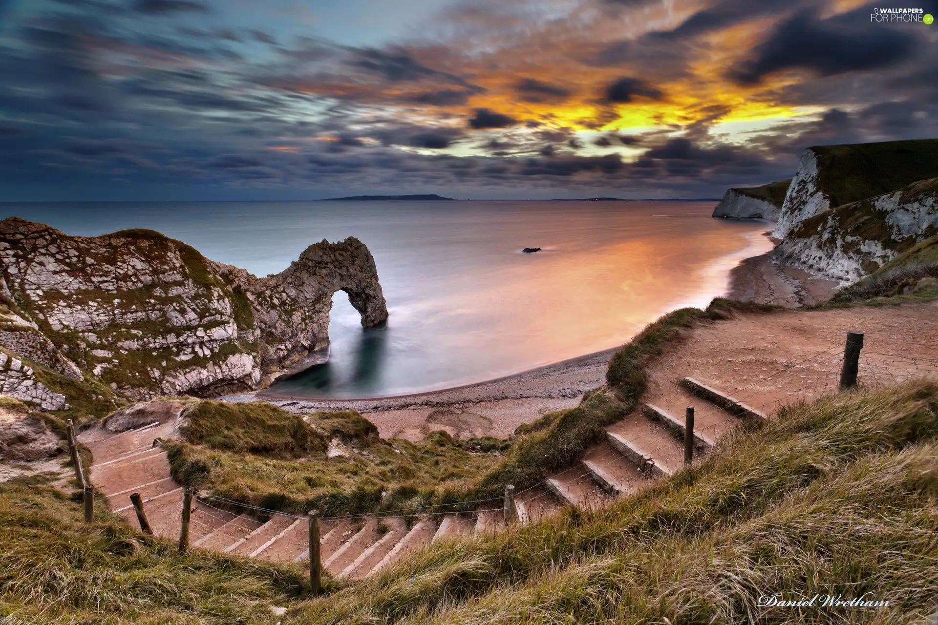 Stairs, descent, sea, rocks, Sky