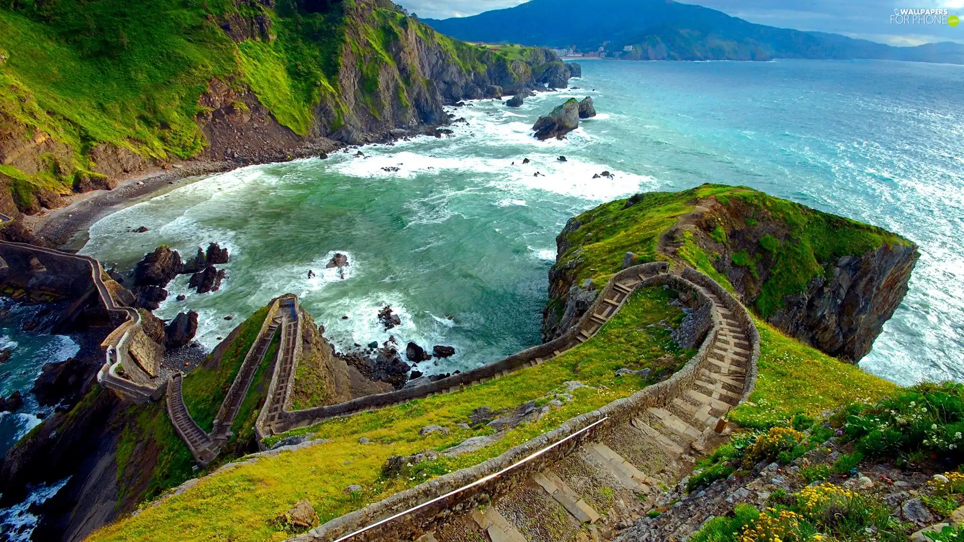 Stairs, sea, Mountains