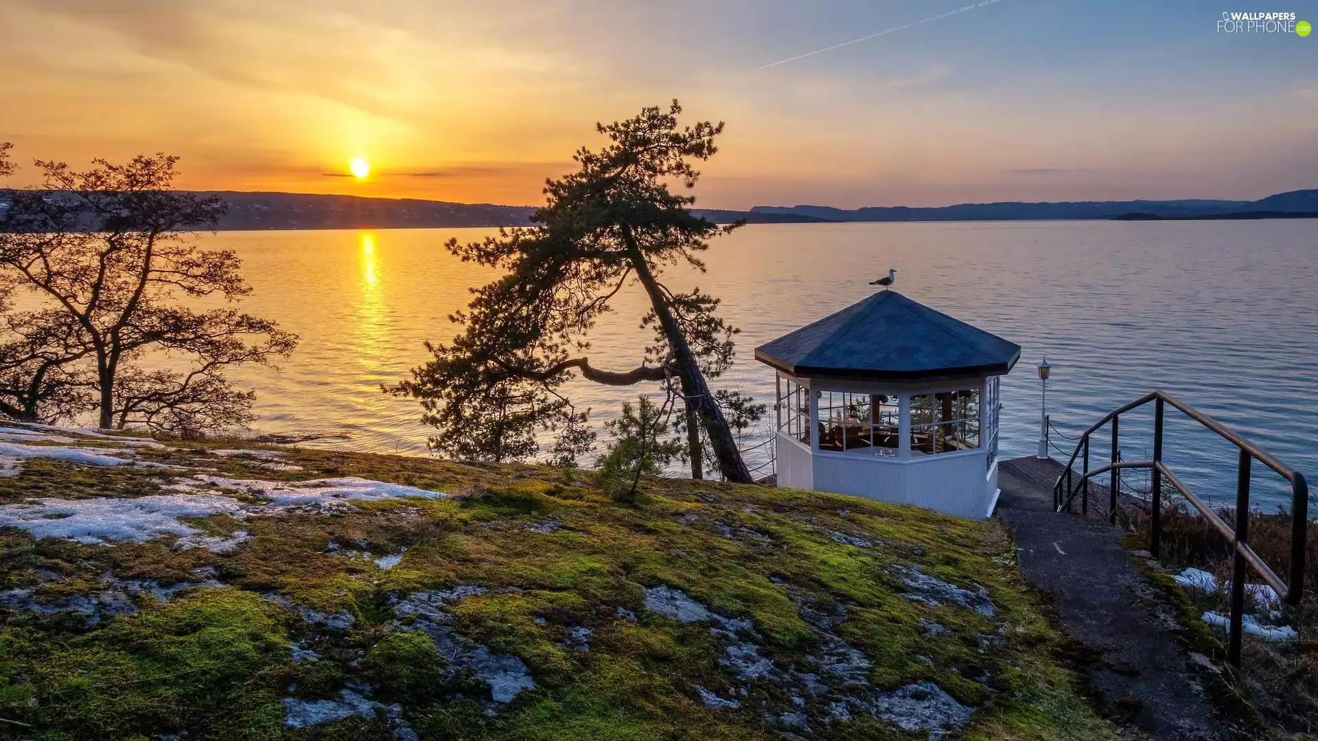 trees, Great Sunsets, Stairs, arbour, viewes, lake