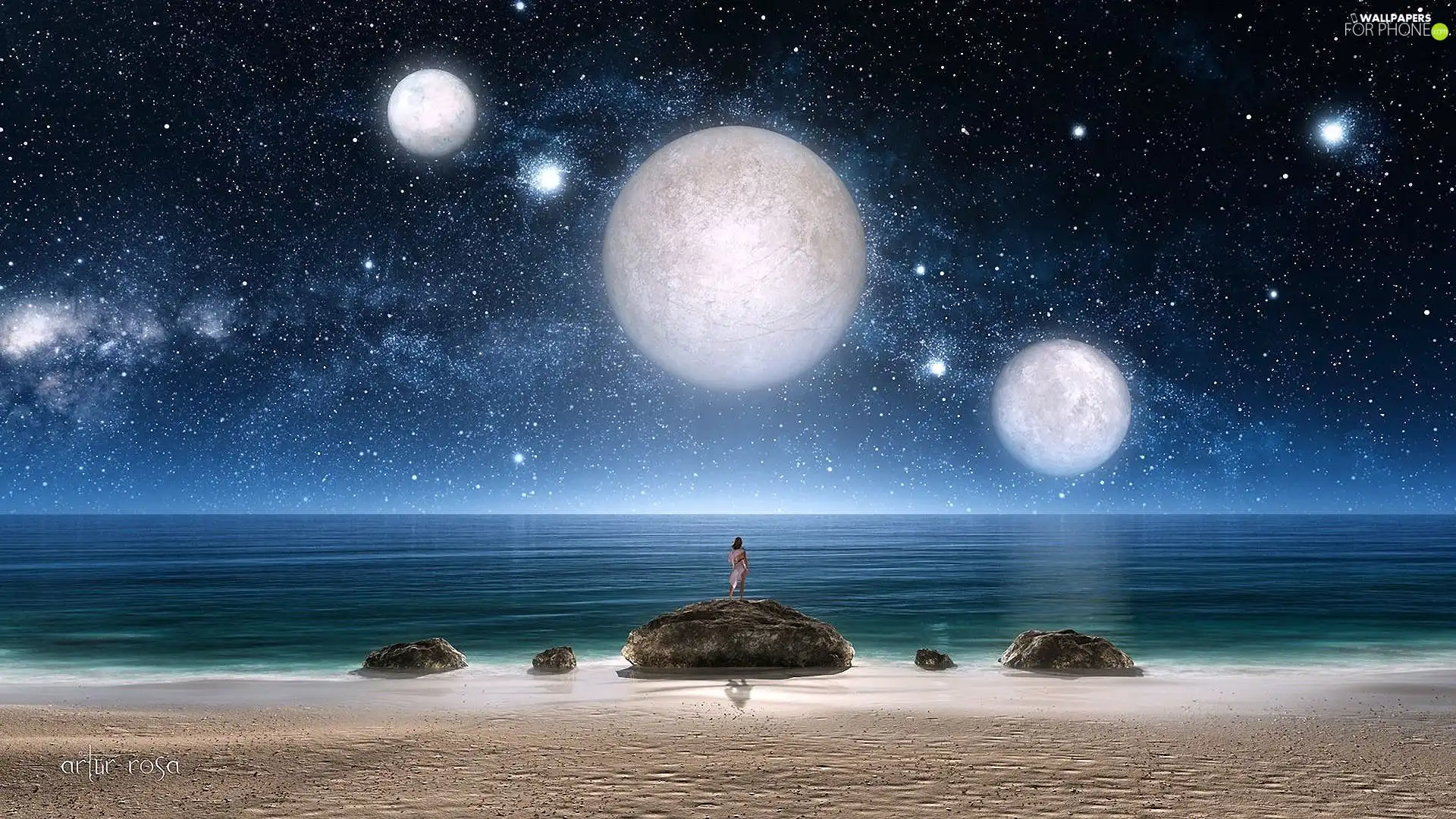 Planets, Stones, sea, rocks, girl, star, fantasy