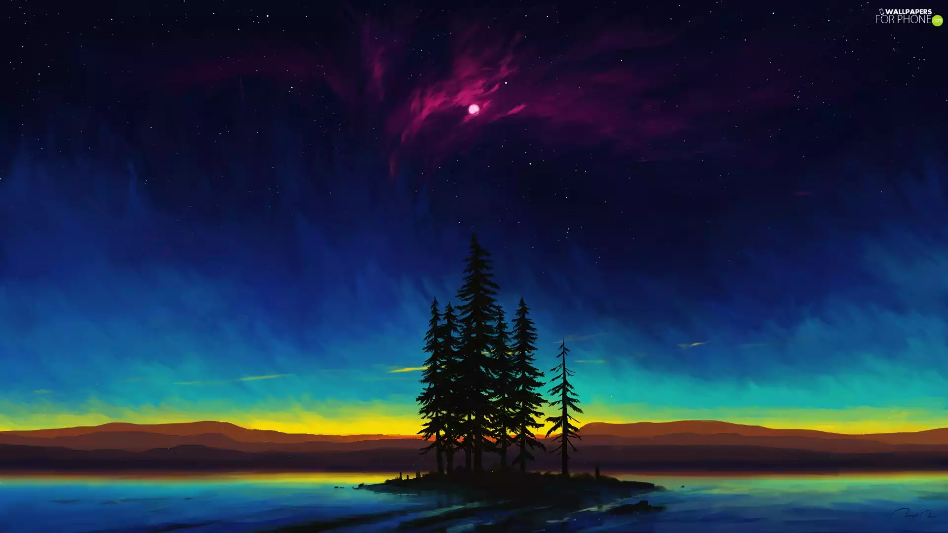 trees, viewes, graphics, Sky, moon, lake, Island, star
