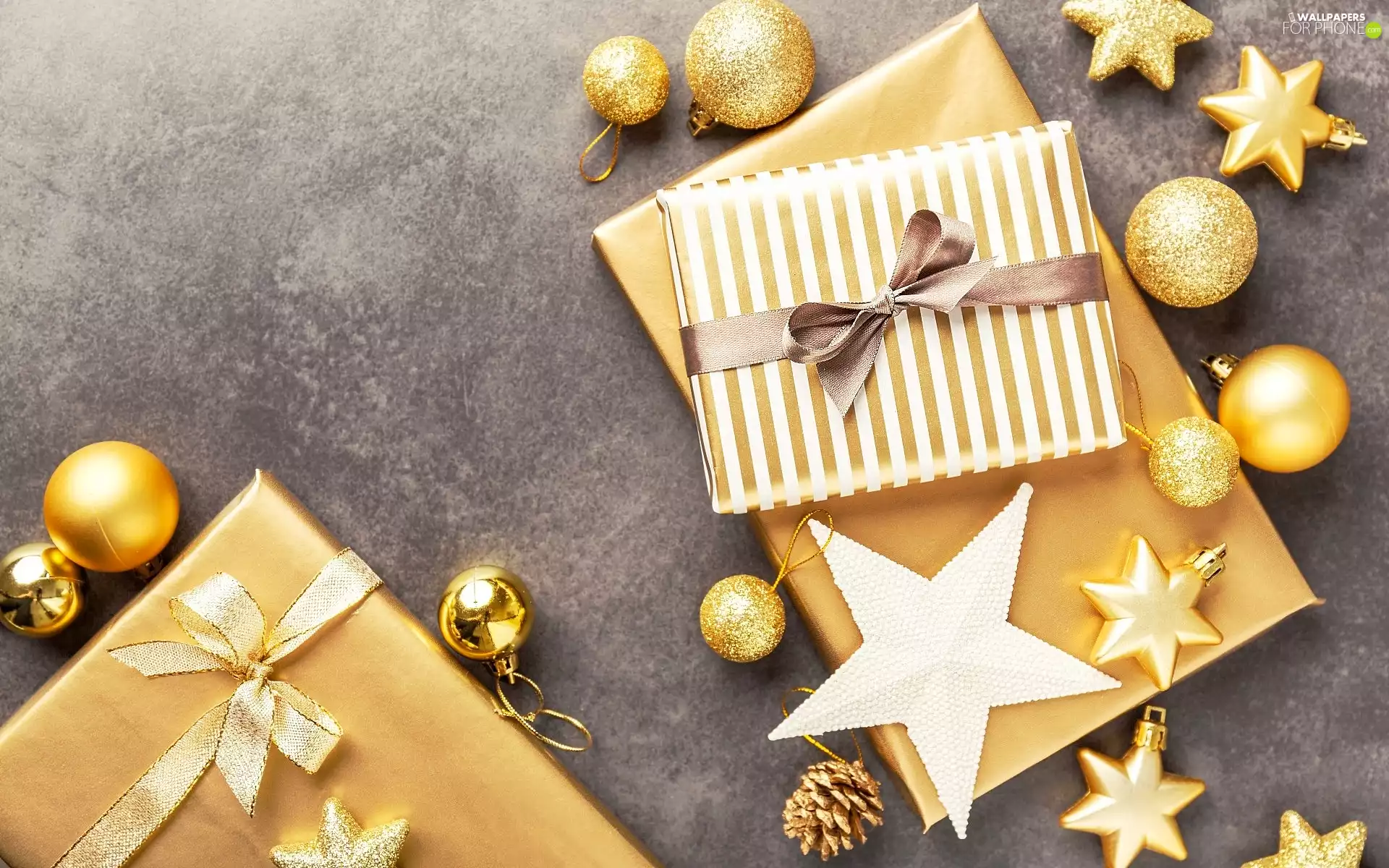 Golden, Christmas, cones, Stars, baubles, gifts