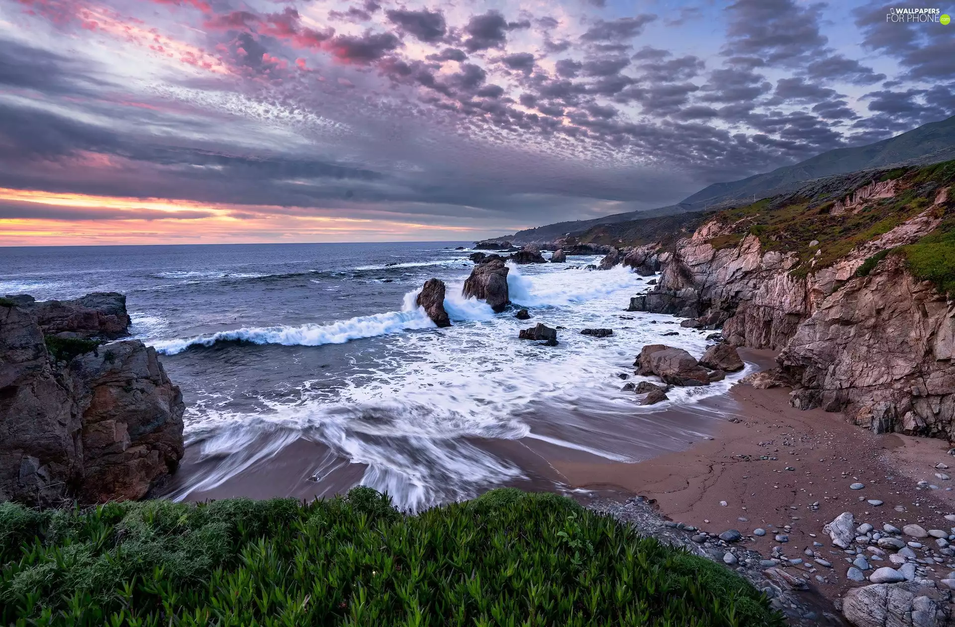 State of California, The United States, Garrapata State Park, sea, Plants, clouds, Coast, Waves, rocks