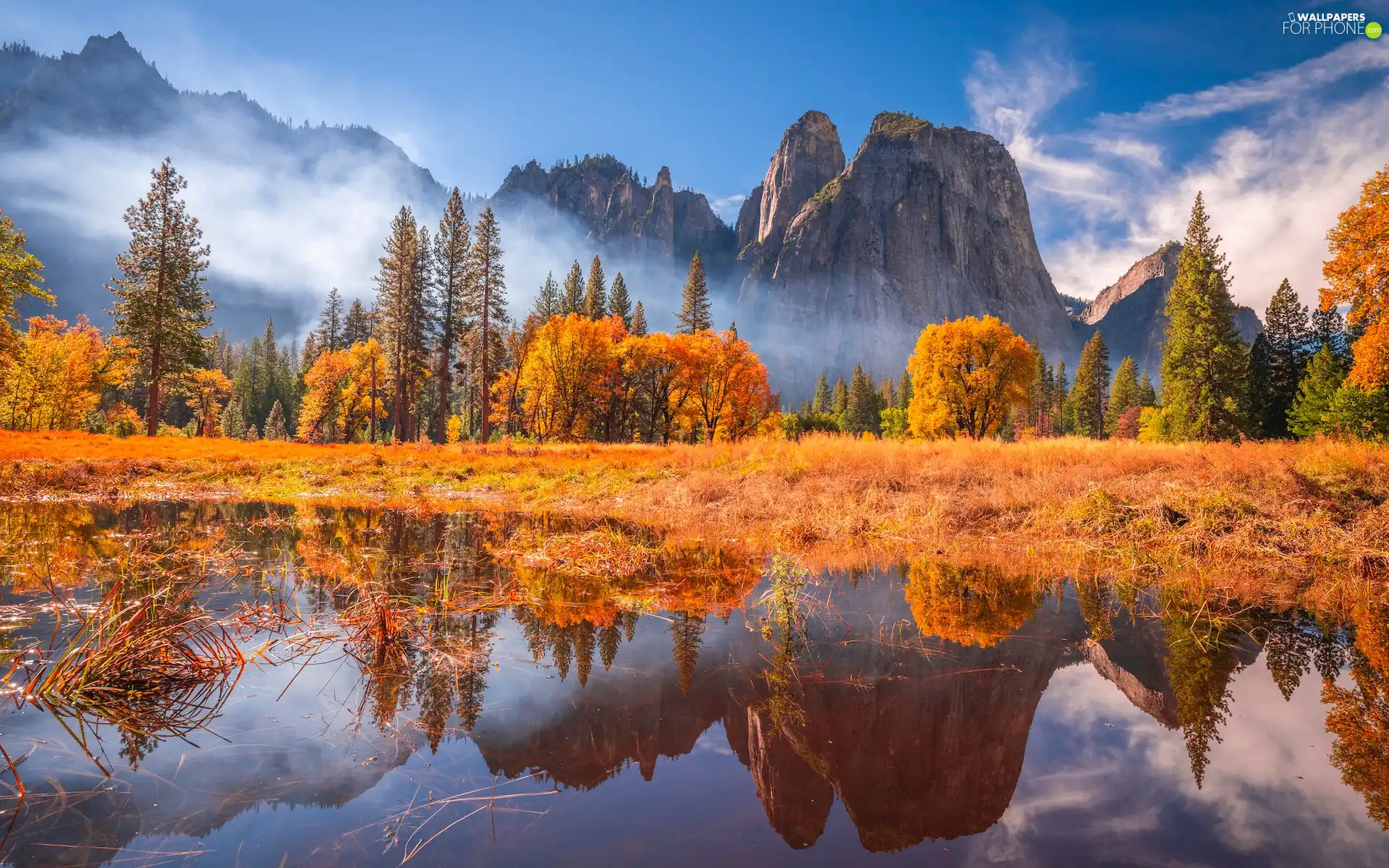 California, The United States, Yosemite National Park, Mountains, River, reflection, trees, viewes, autumn