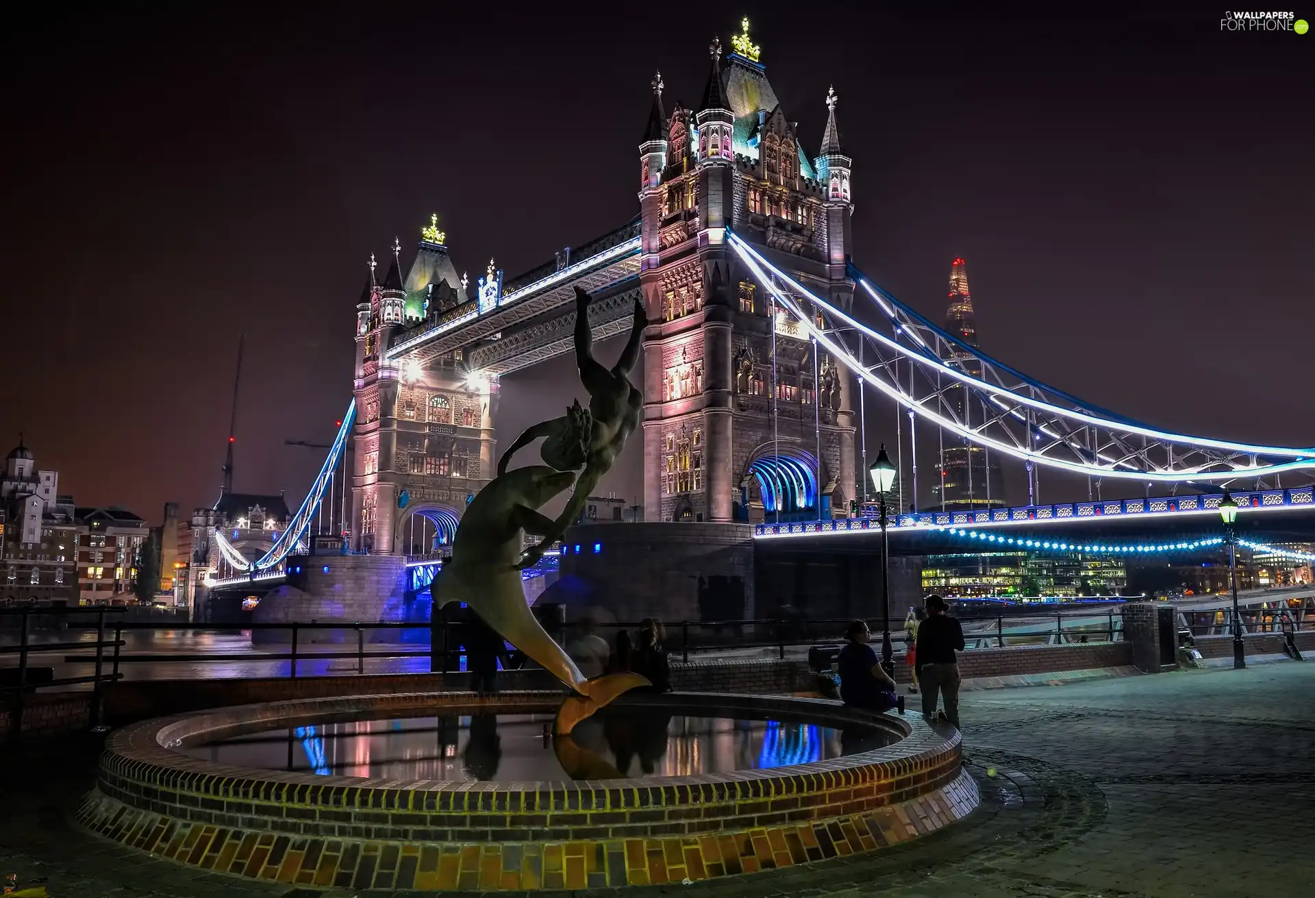 Night, London, Statue, Tower Bridge, Girl with a Dolphin