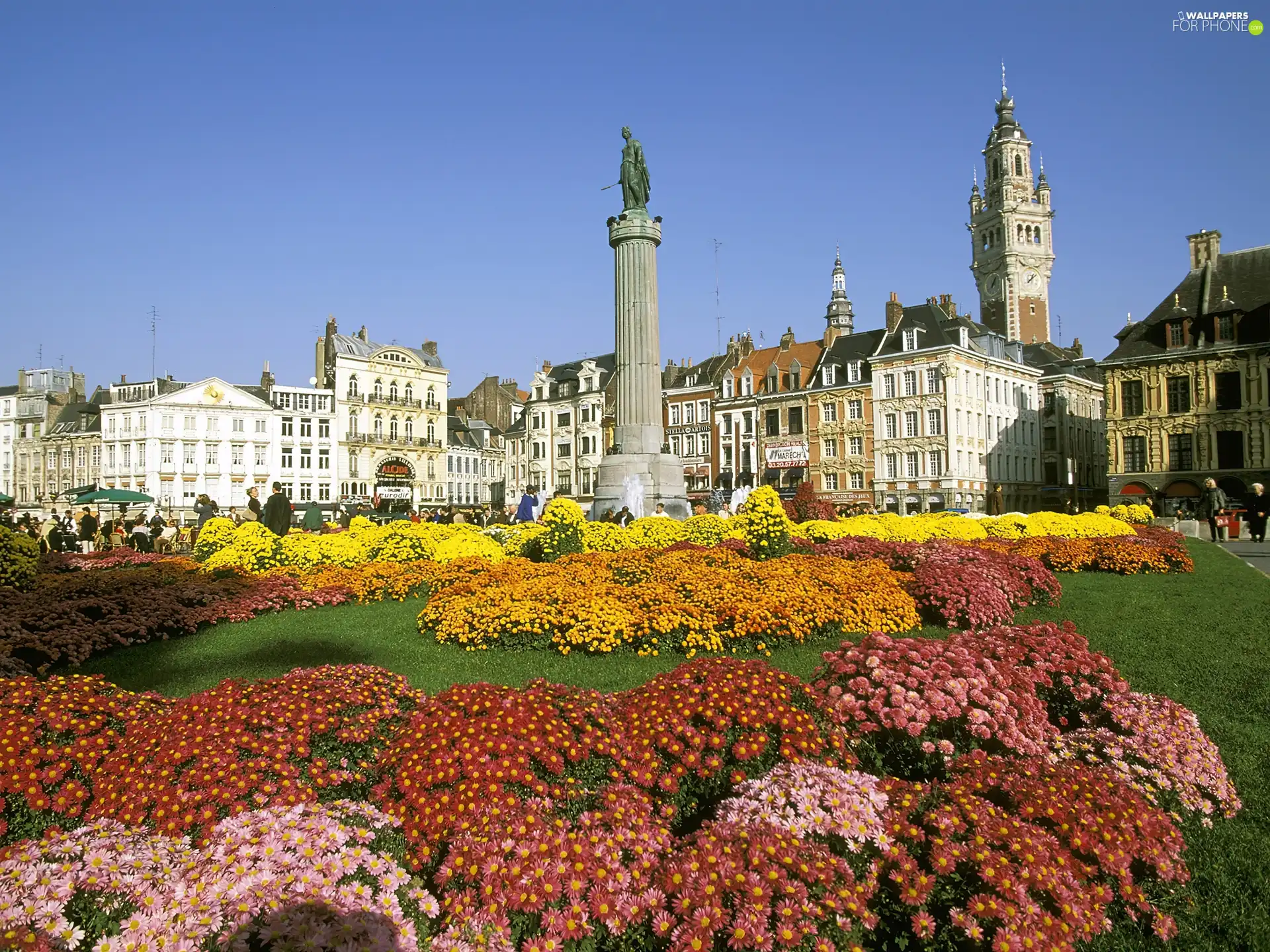 Flowers, People, Statue monument, old town