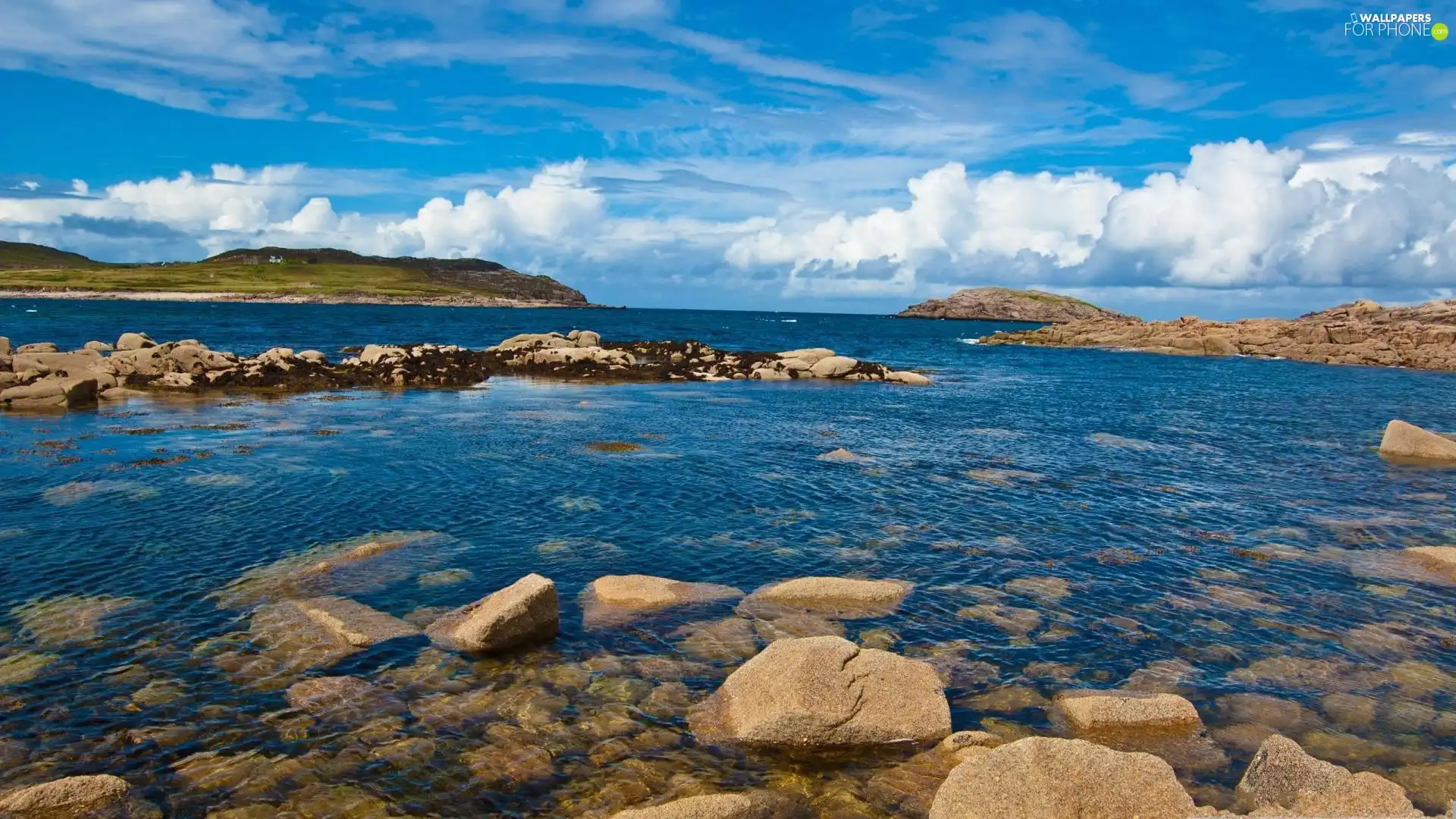 Stones, clouds, Island, Mountains, Coast