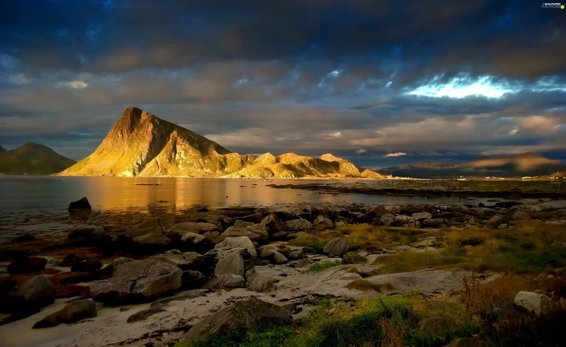 clouds, lake, Stones, Mountains