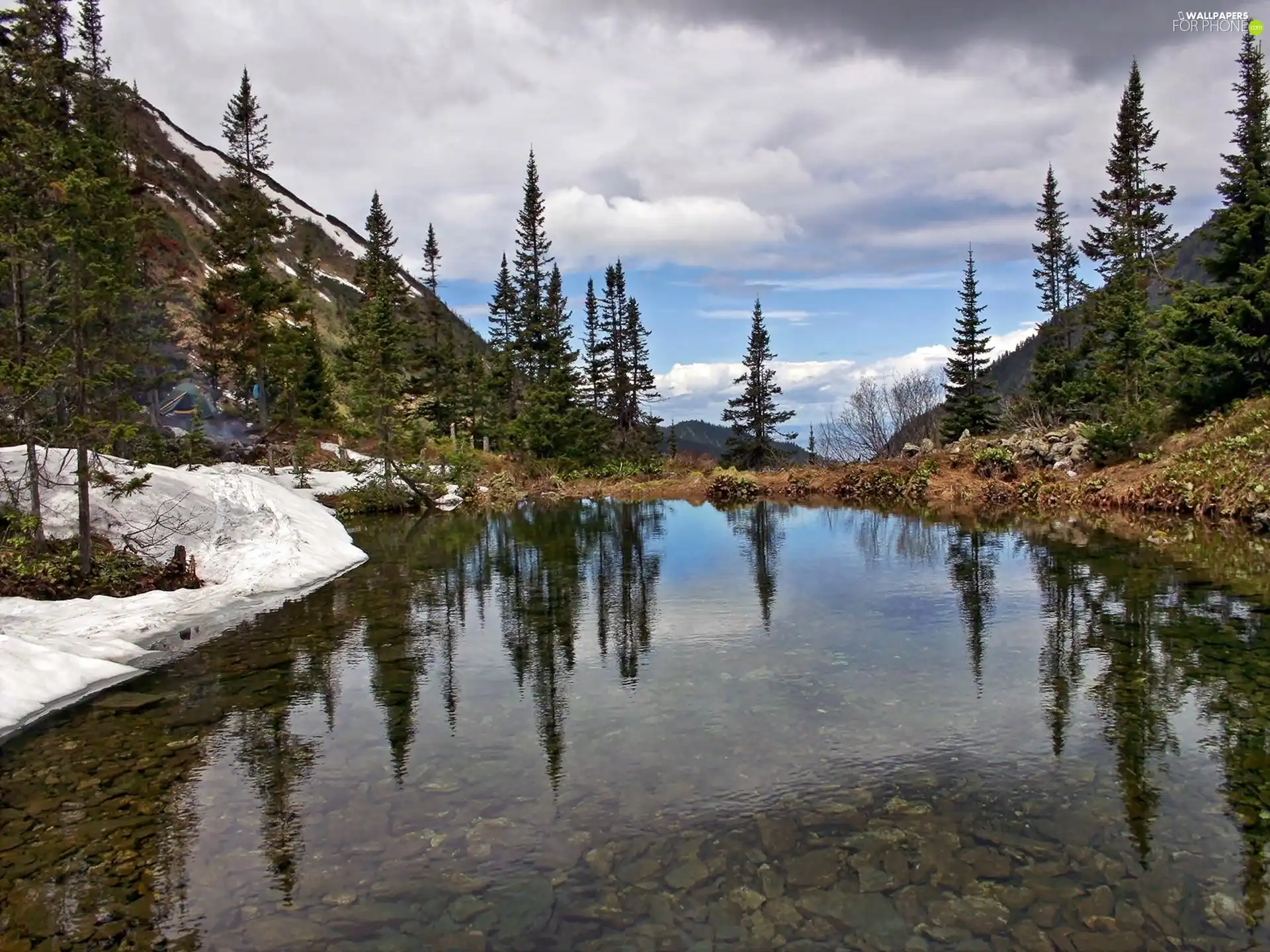 clouds, River, Stones, Mountains