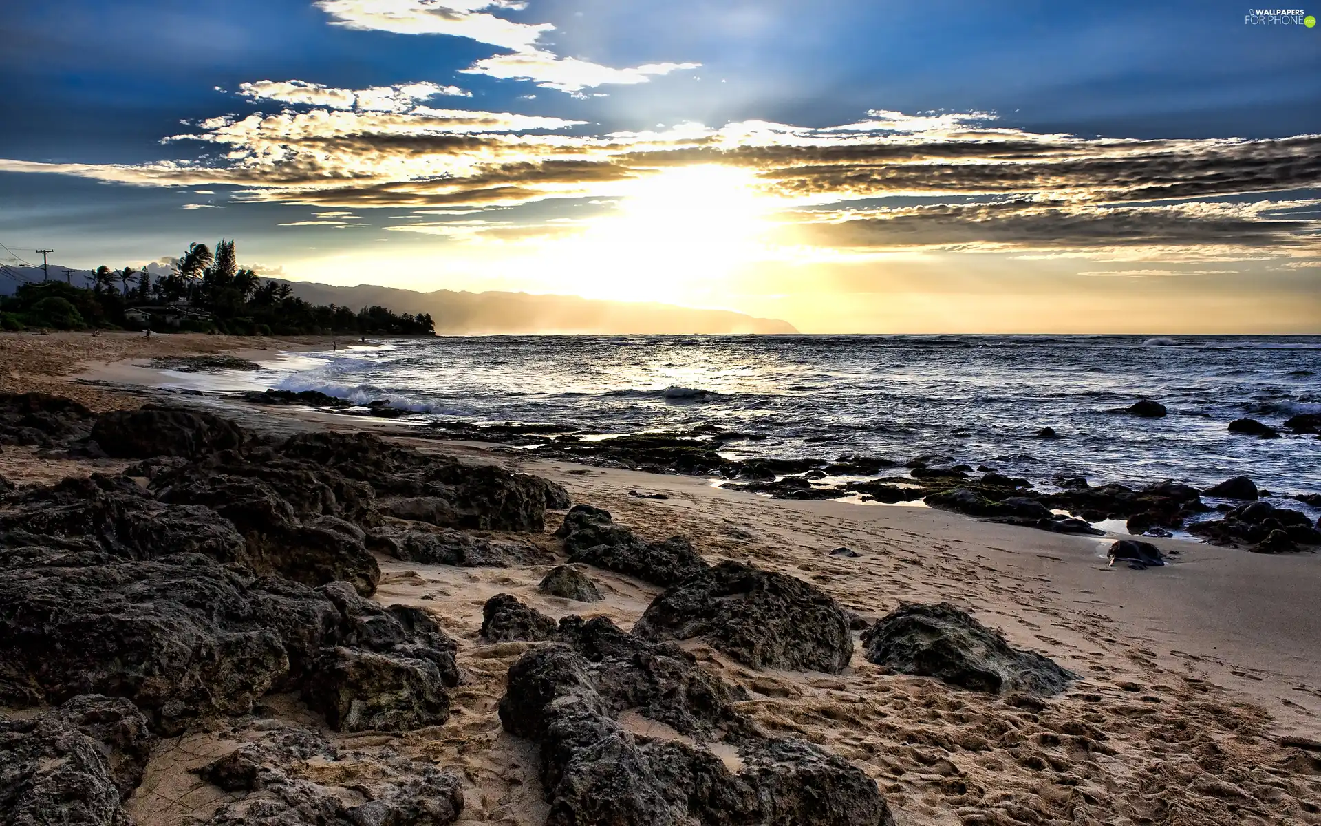 east, sea, Stones, sun