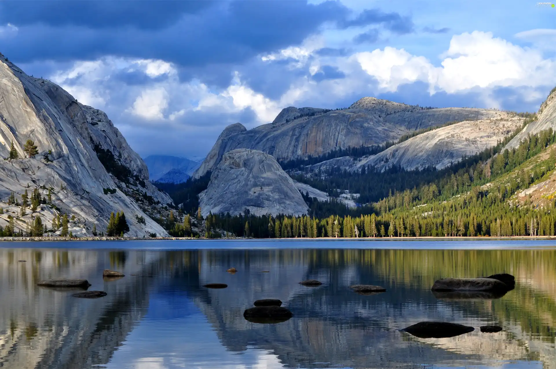 Stones, Mountains, lake