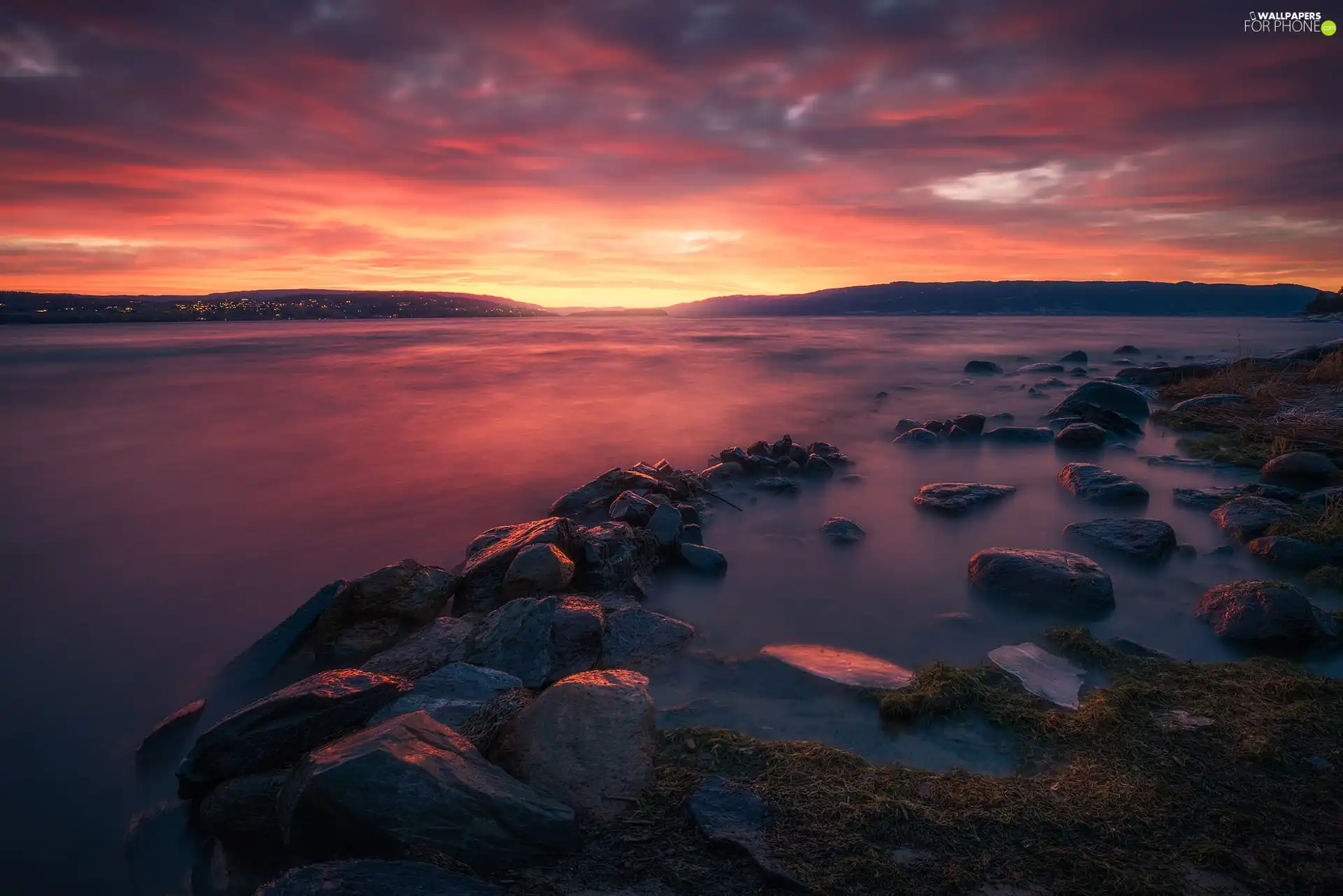 Stones, Sunrise, Lake Tyrifjorden, coast, Norway