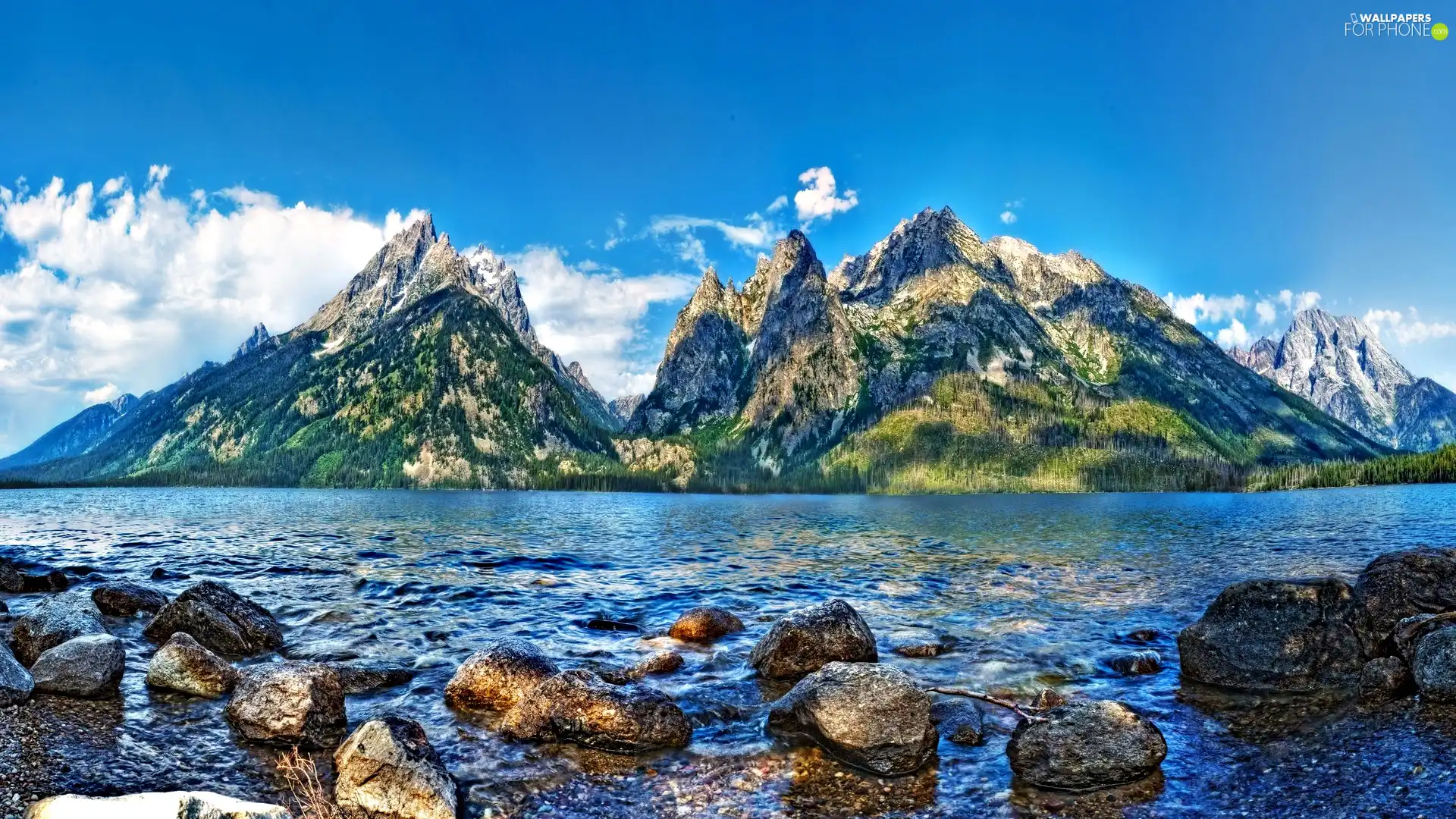 Mountains, lake, Stones, clouds