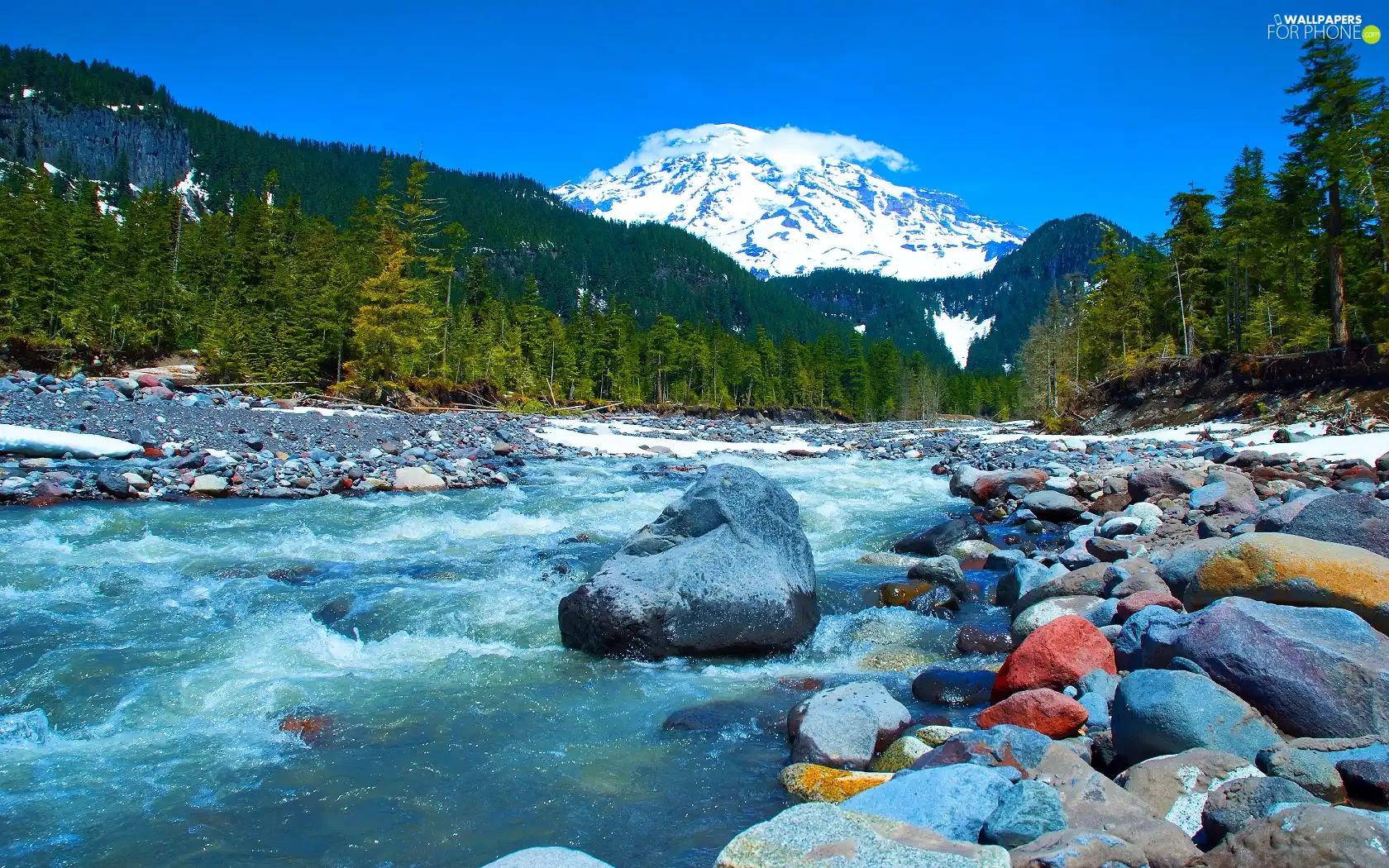 Mountains, River, Stones, woods