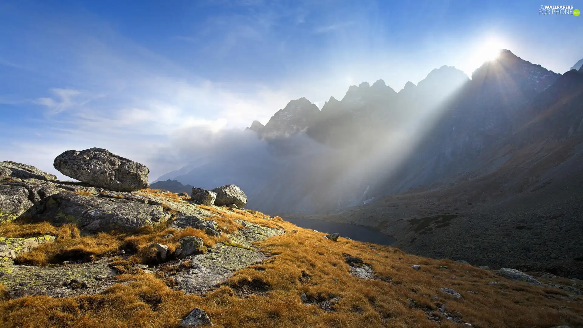 Stones, sun, Mountains