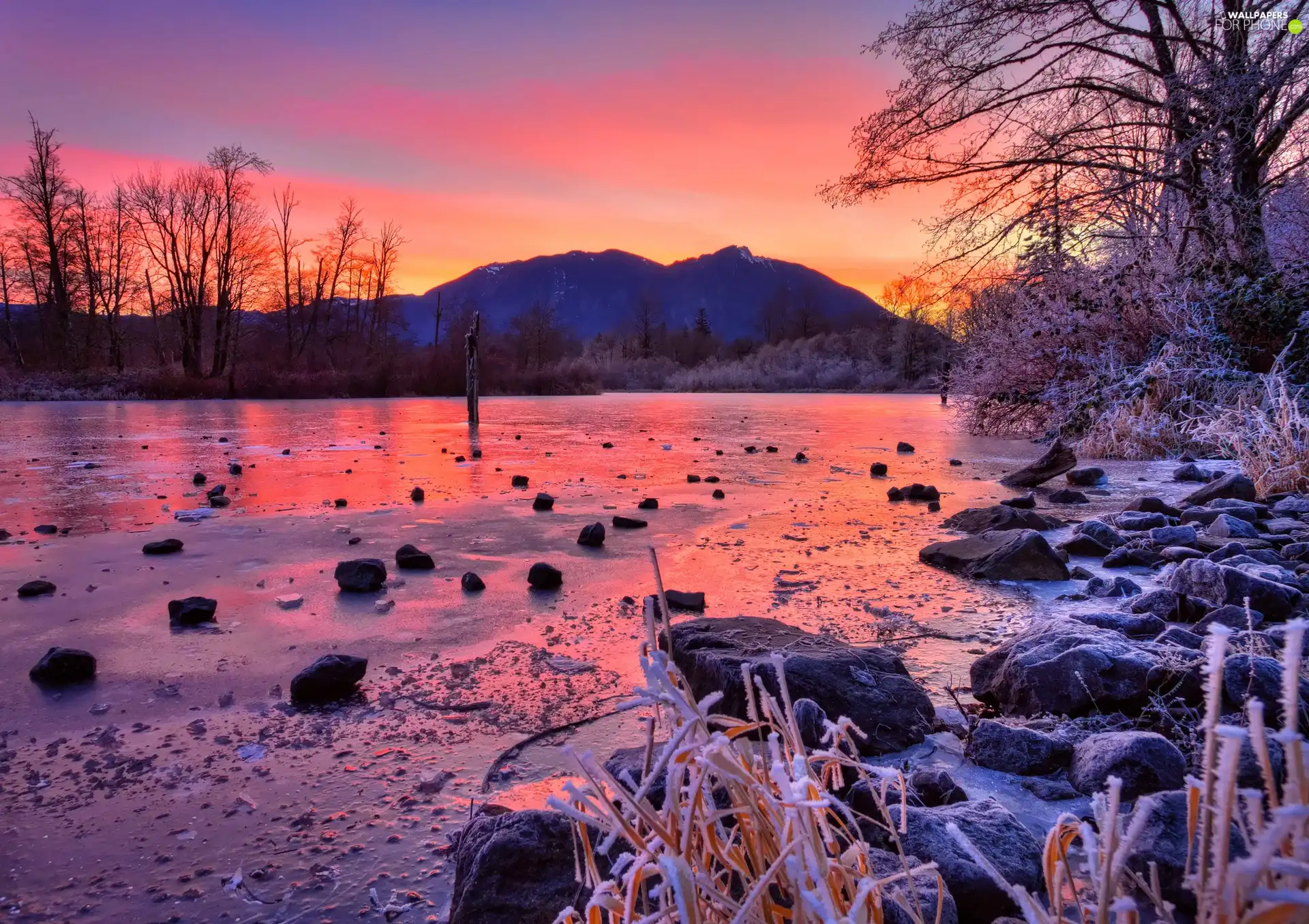 Stones, Mountains, sun, River, west