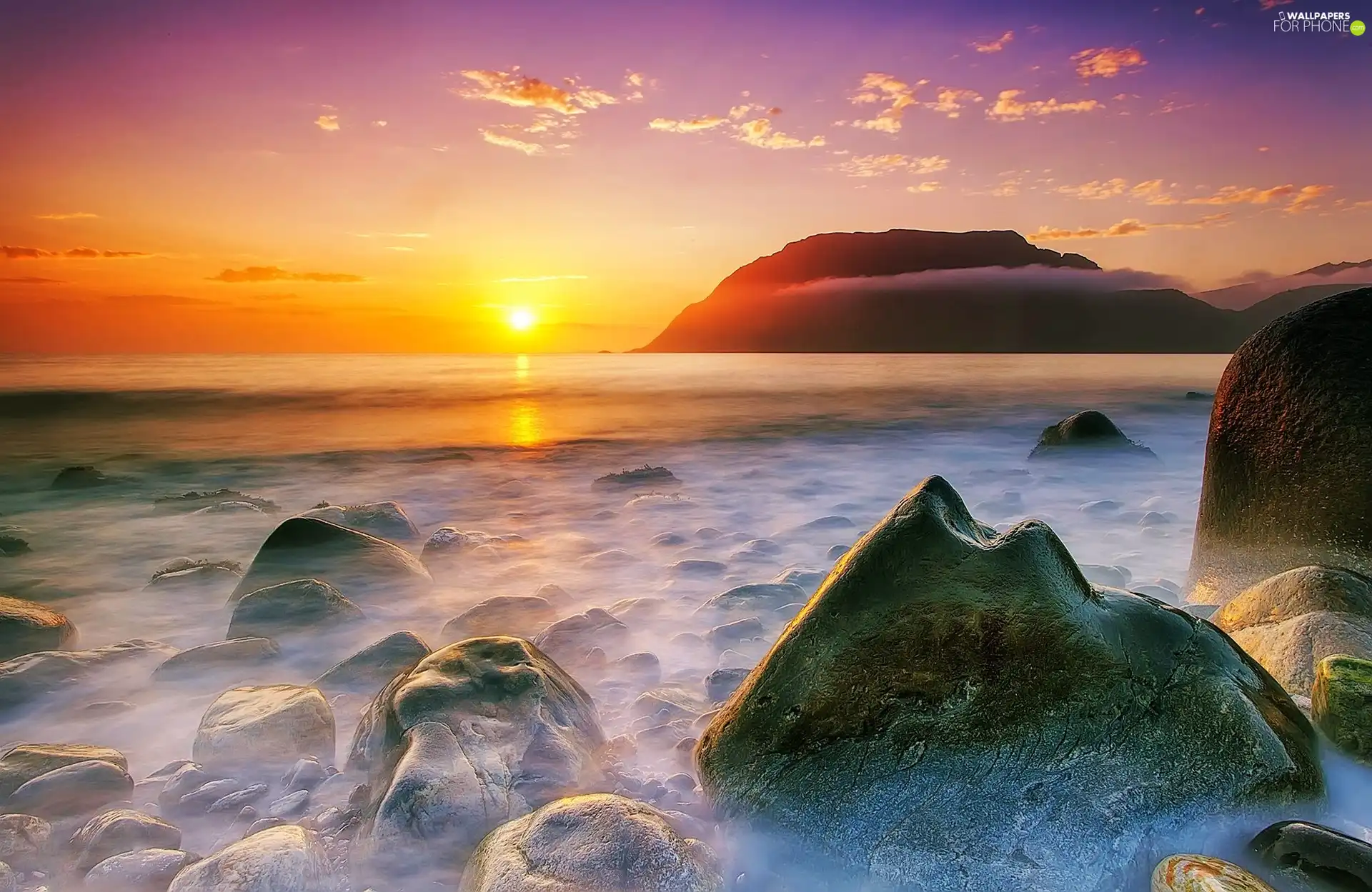 Stones, Mountains, sun, sea, west