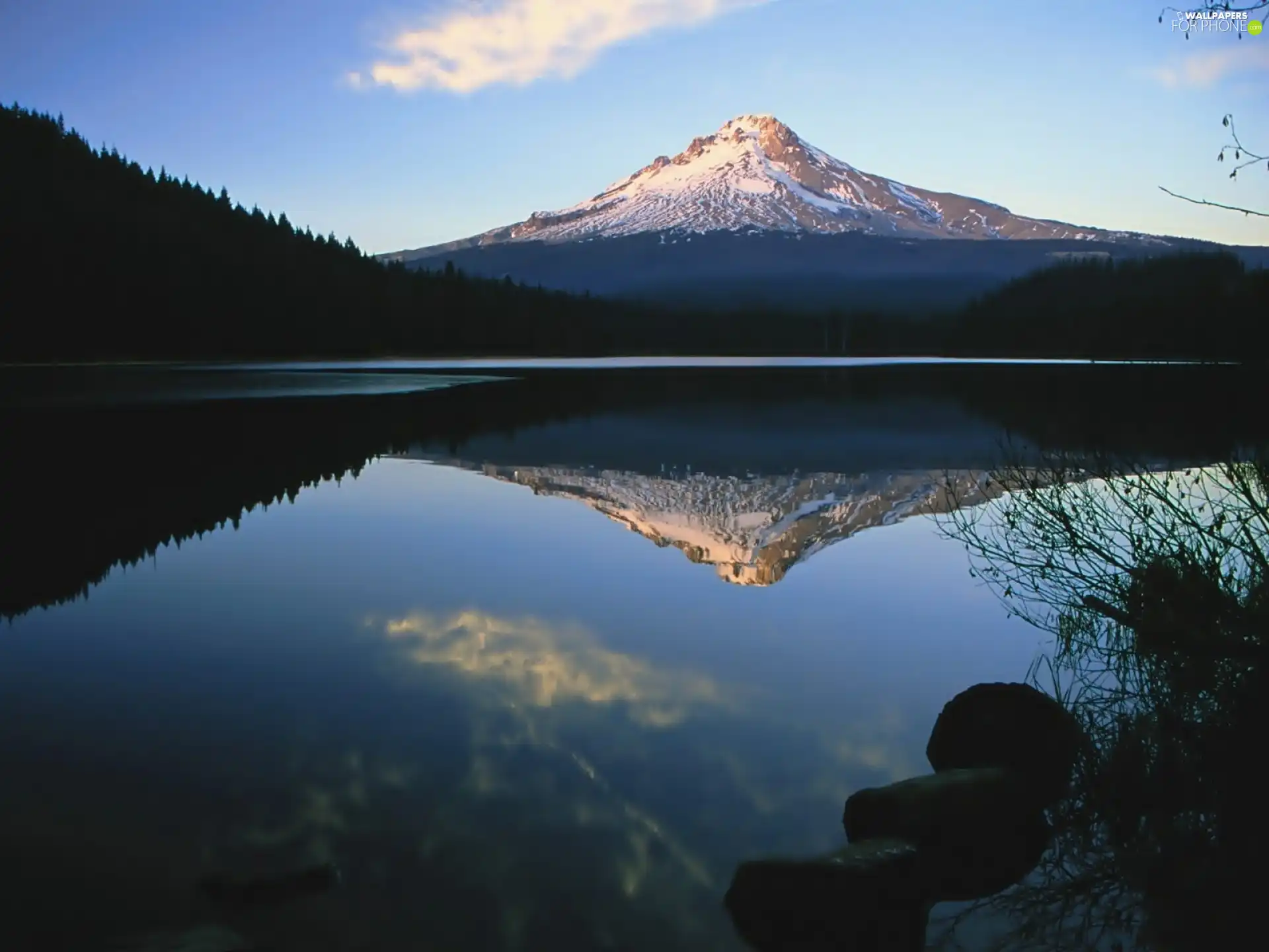 Stones, reflection, forest, lake, mountains