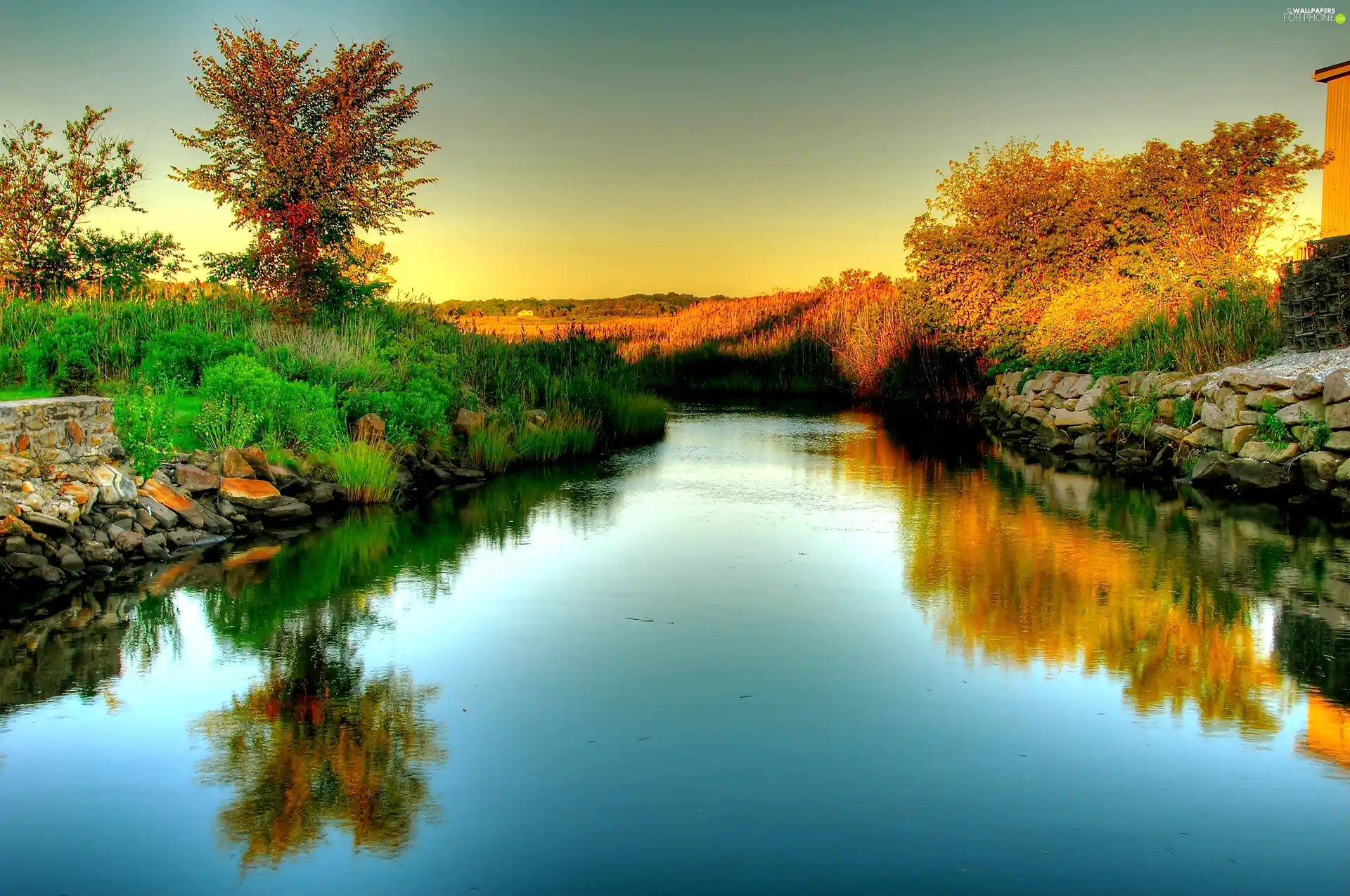 River, viewes, Stones, trees