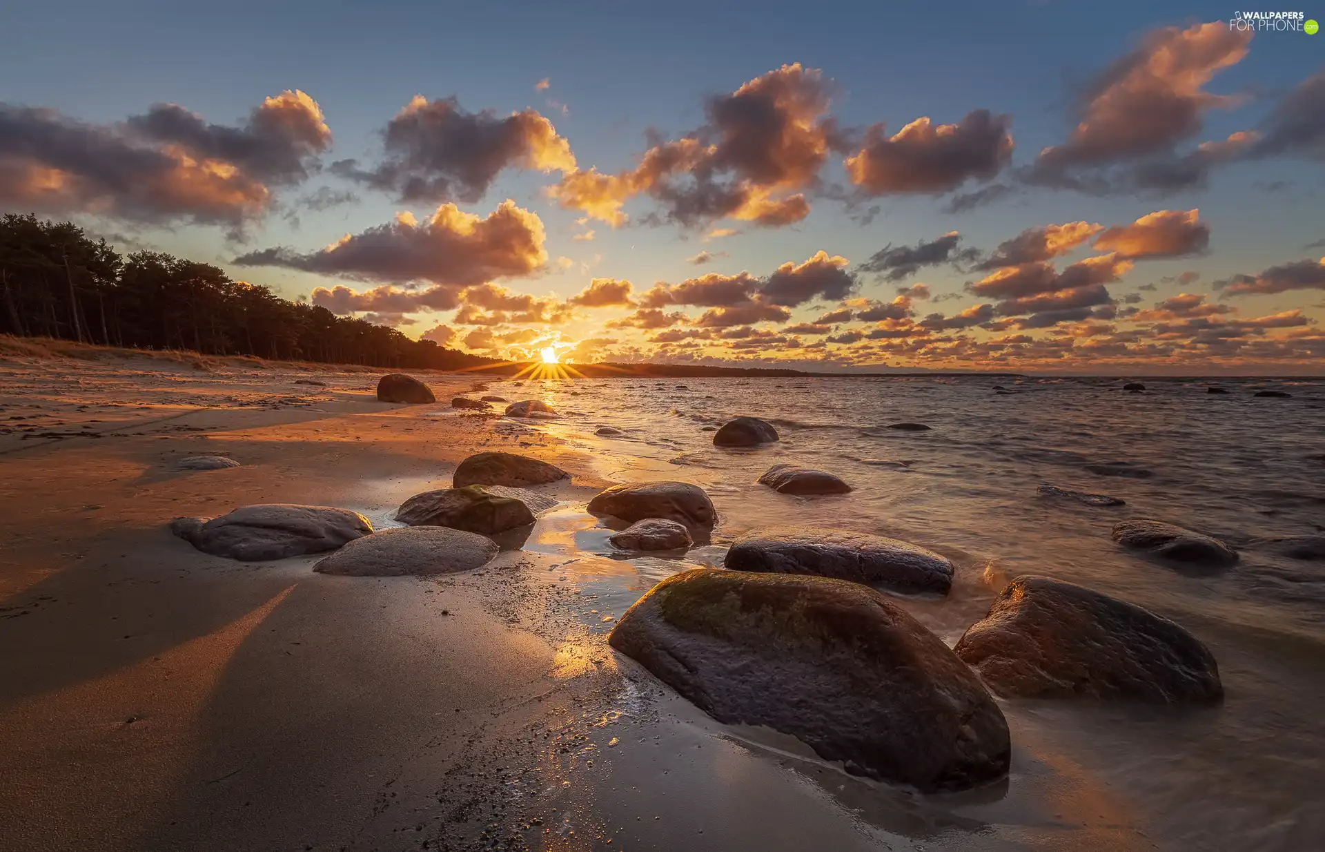 sea, Beaches, Sunrise, Stones