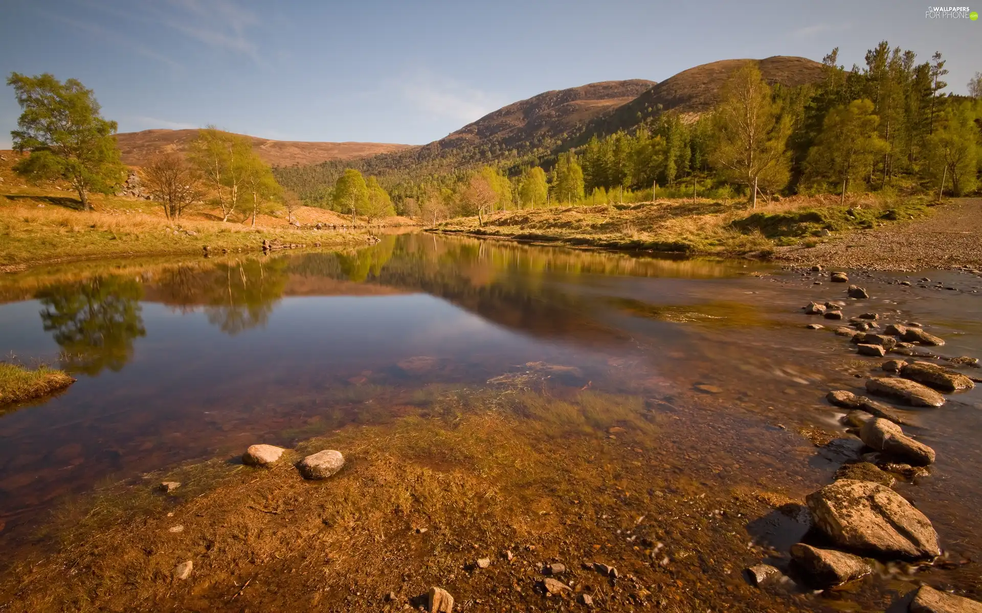 slopes, lake, Stones, Mountains