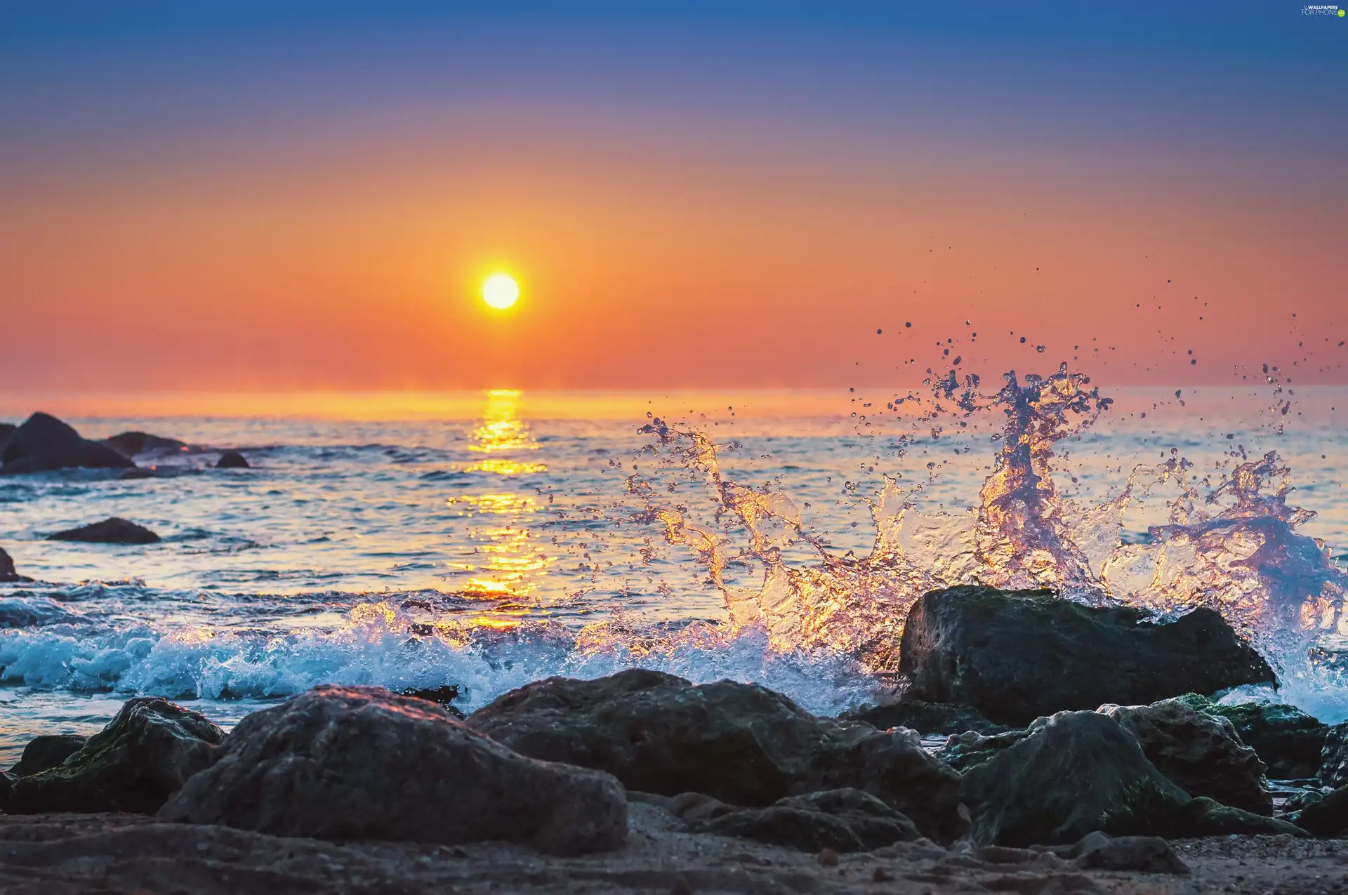 Stones, summer, Waves, Great Sunsets, sea